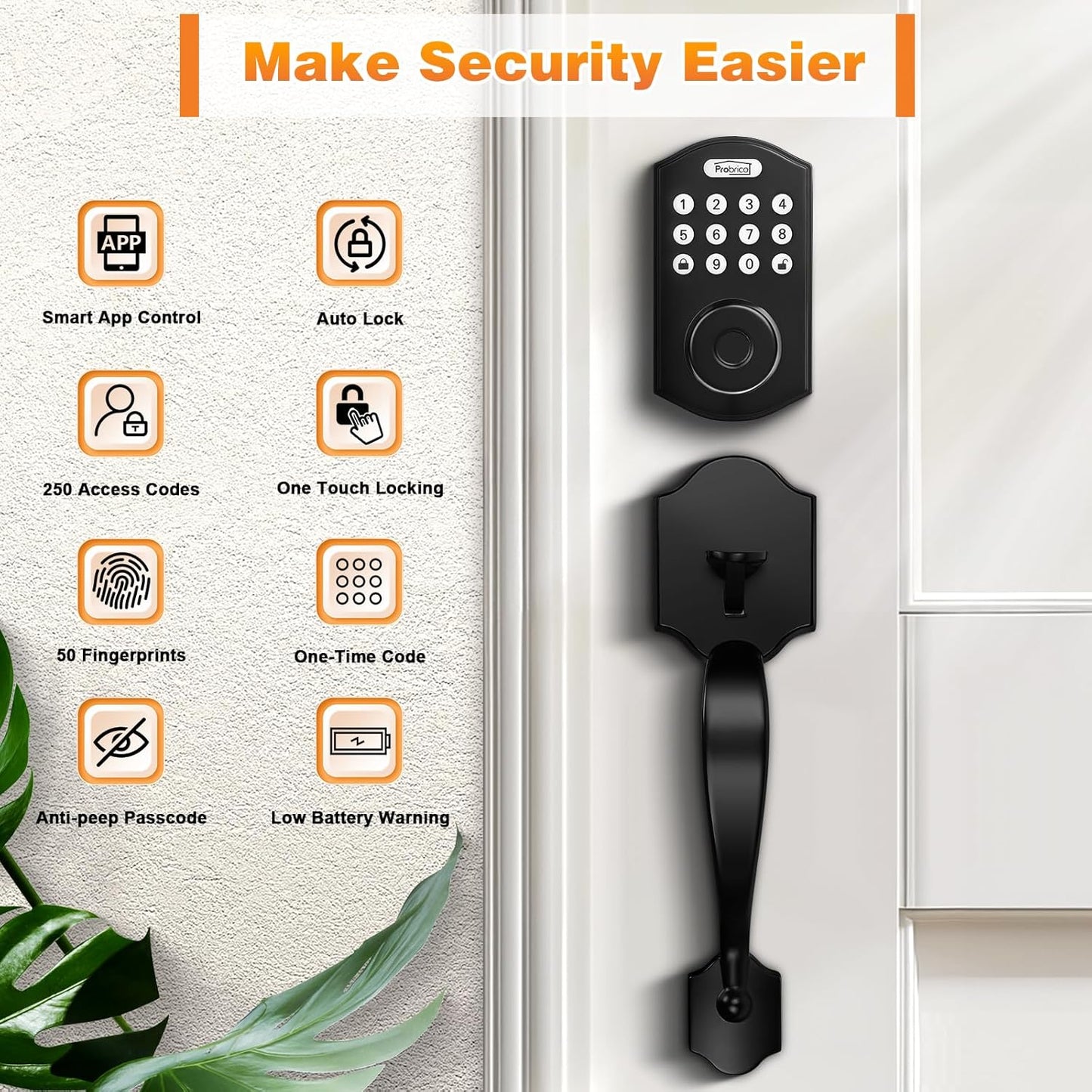 Probrico Smart Keyless Entry Door Lock Smart Locks for Front Door, Keypad Door Lock with Handle Fingerprint Deadbolt with Handle