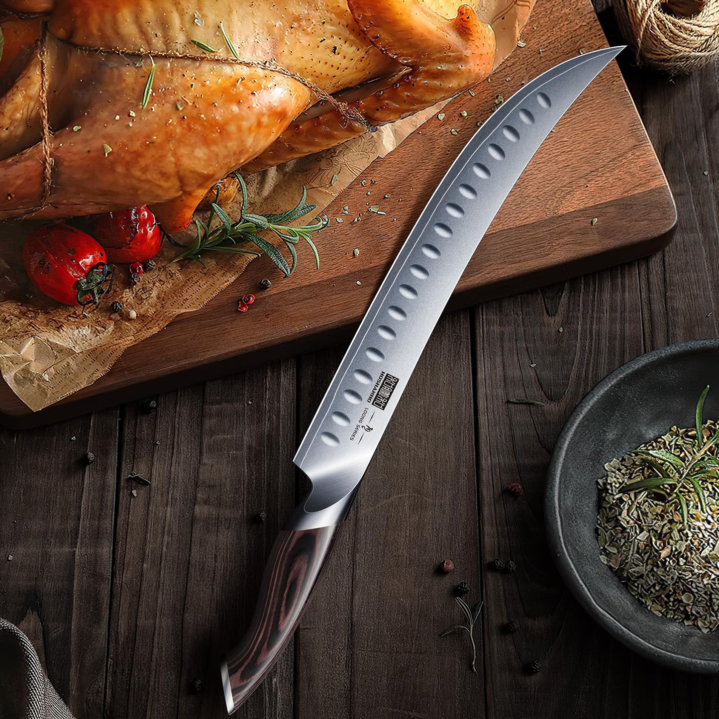 HOSHANHO Carving Slicing Knife, 12 Inch Japanese High Carbon Steel Brisket Knife with Ergonomic Pakkawood Handle, Razor Sharp Curved Butcher Breaking Knives for Meat Cutting