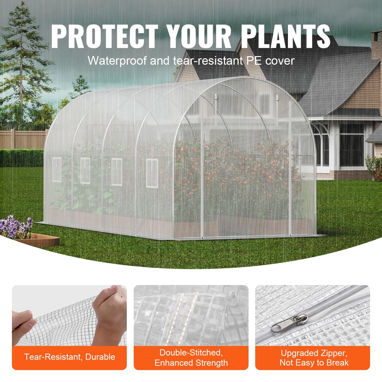 VEVOR Walk-in Tunnel Greenhouse, 9.6x6.4x6.2 ft Hoop House Greenhouse Tunnel, Plant Hot House with Galvanized Steel Frame, White PE Cover, Roll-up Zipper Door and 6 Windows for Outdoor