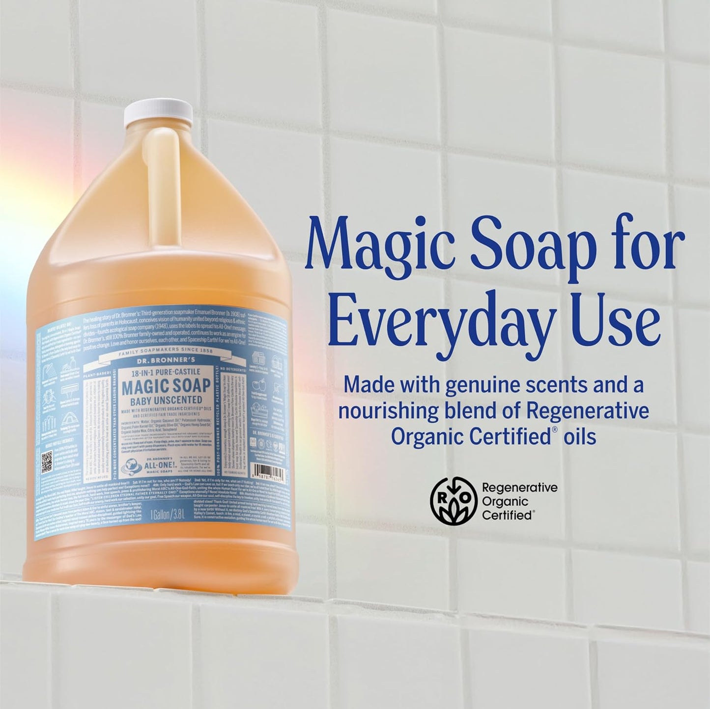 Dr. Bronner's Pure-Castile Magic Liquid Soap - Made with Regenerative Organic Certified Oils - 18-in-1 Uses for Face, Body, Hand Gentle on Baby & Sensitive Skin Body Wash Unscented,32oz