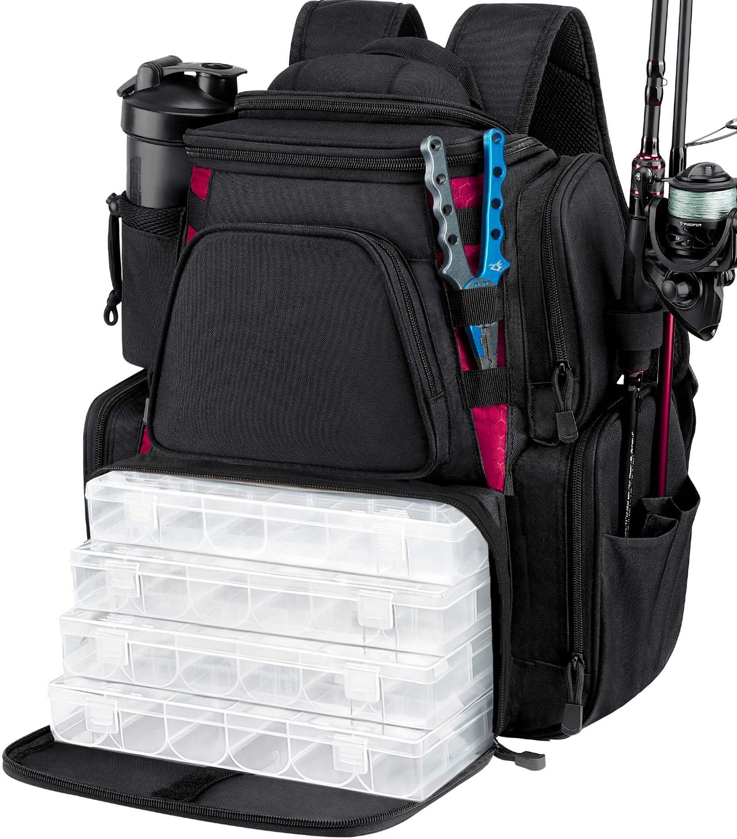 Piscifun Fishing Backpack with 2 Rod Holders & 4 Tackle Boxes, Large Tackle Storage Bag With Rain Cover for Fishing Gear