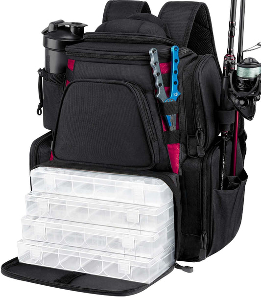 Piscifun Fishing Backpack with 2 Rod Holders & 4 Tackle Boxes, Large Tackle Storage Bag With Rain Cover for Fishing Gear
