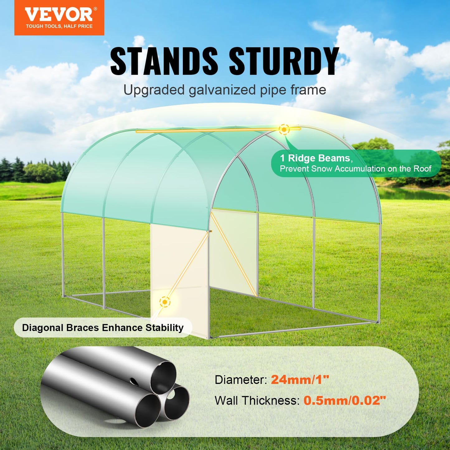 VEVOR Walk-in Tunnel Greenhouse, 9.6x6.4x6.2 ft Hoop House Greenhouse Tunnel, Plant Hot House with Galvanized Steel Frame, White PE Cover, Roll-up Zipper Door and 6 Windows for Outdoor