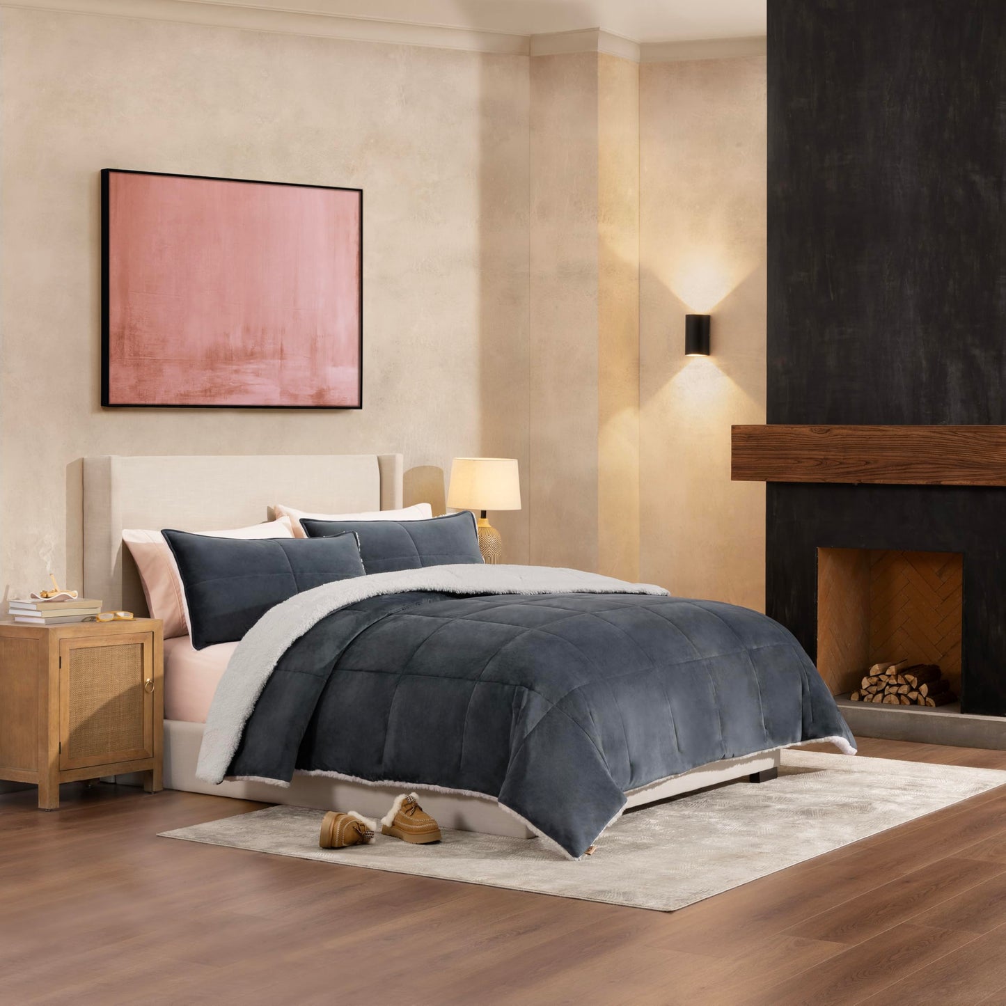 UGG Blissful Full/Queen Comforter Set with 2 Pillow Shams Reversible Comforter Plush Fluffy Warm Bed Set Premium Down Alternative Bedding for College Dorm Essentials, Full/Queen, Light Brown Fawn