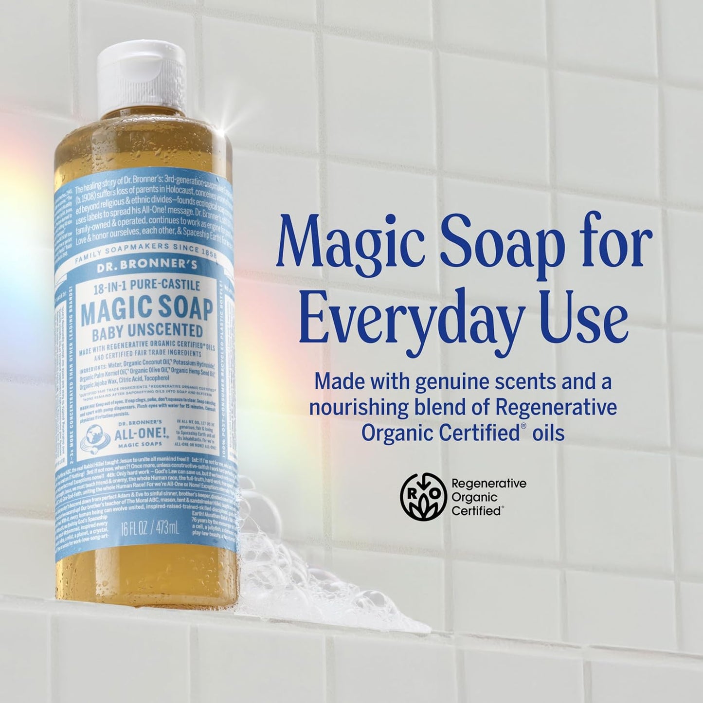 Dr. Bronner's Pure-Castile Magic Liquid Soap - Made with Regenerative Organic Certified Oils - 18-in-1 Uses for Face, Body, Hand Gentle on Baby & Sensitive Skin Body Wash Unscented,32oz