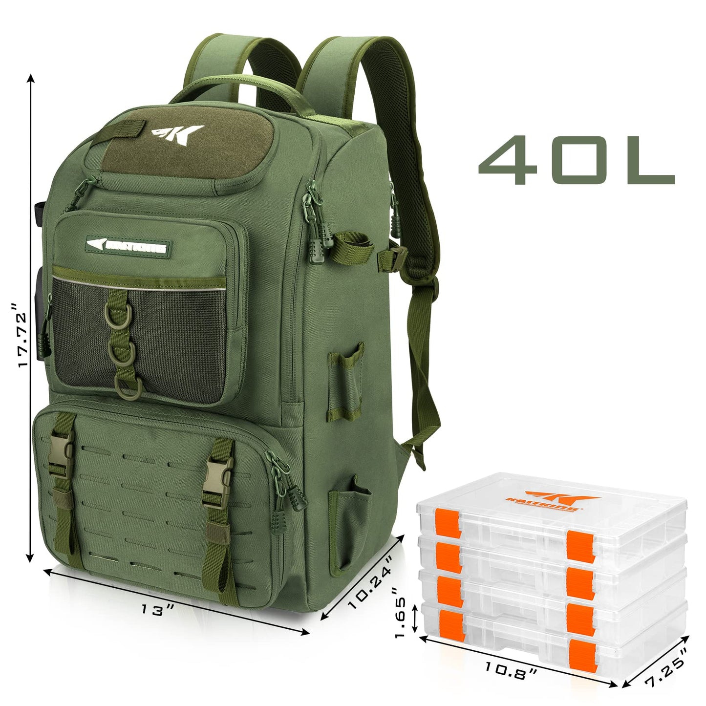 KastKing KarryAll Fishing Tackle Backpack with Rod Holder 4 Tackle Boxes,40/26L Tackle Bag Storage Fishing Gear and Equipment