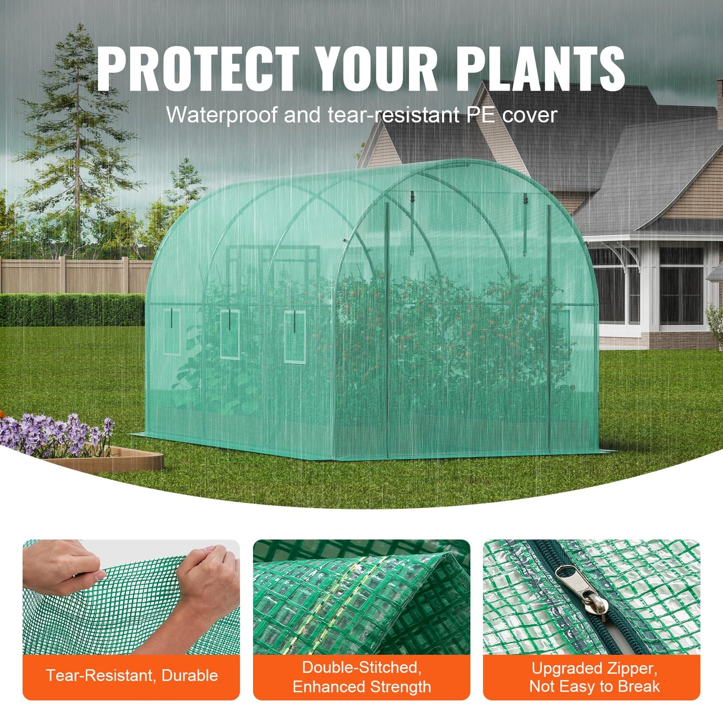 VEVOR Walk-in Tunnel Greenhouse, 9.6x6.4x6.2 ft Hoop House Greenhouse Tunnel, Plant Hot House with Galvanized Steel Frame, White PE Cover, Roll-up Zipper Door and 6 Windows for Outdoor