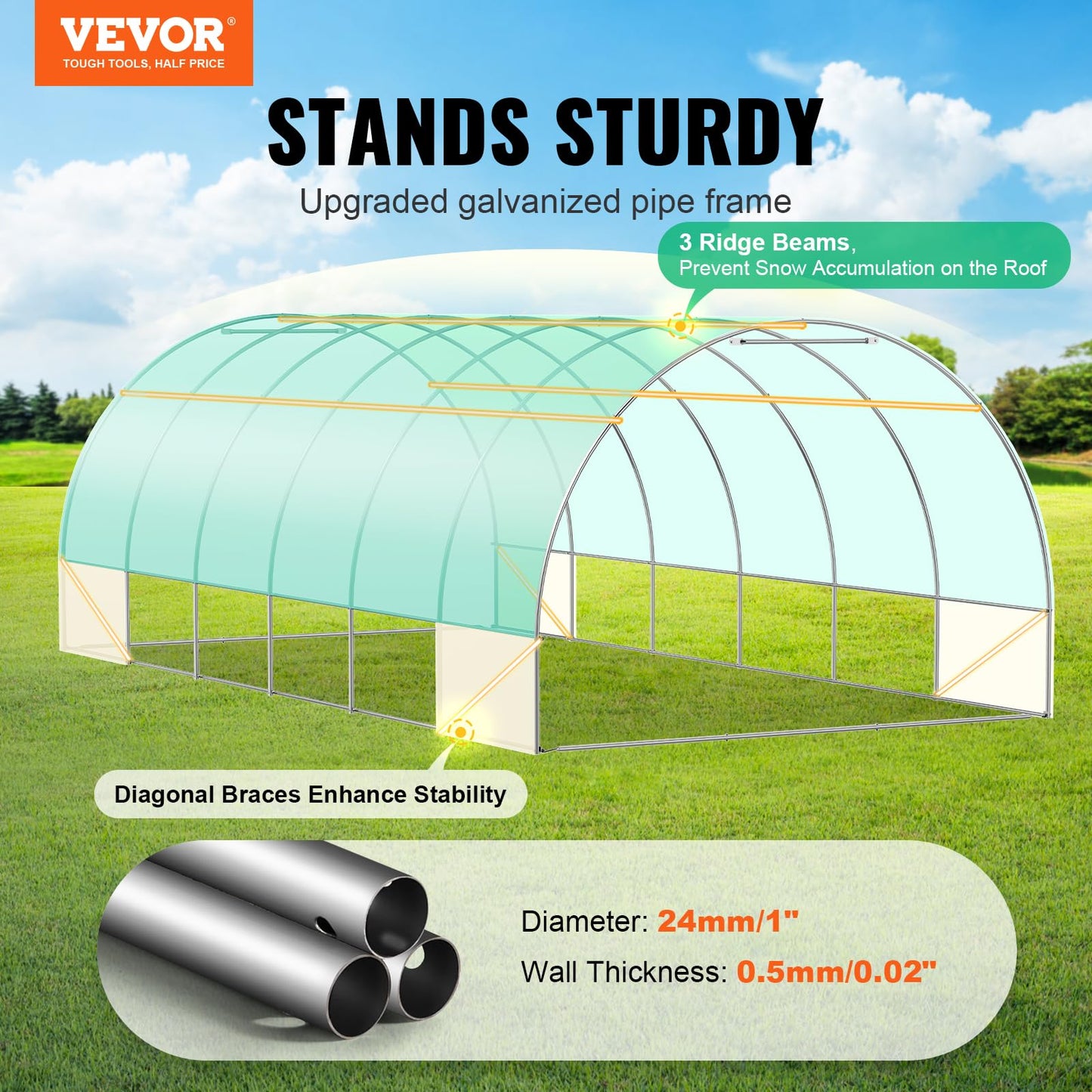 VEVOR Walk-in Tunnel Greenhouse, 9.6x6.4x6.2 ft Hoop House Greenhouse Tunnel, Plant Hot House with Galvanized Steel Frame, White PE Cover, Roll-up Zipper Door and 6 Windows for Outdoor