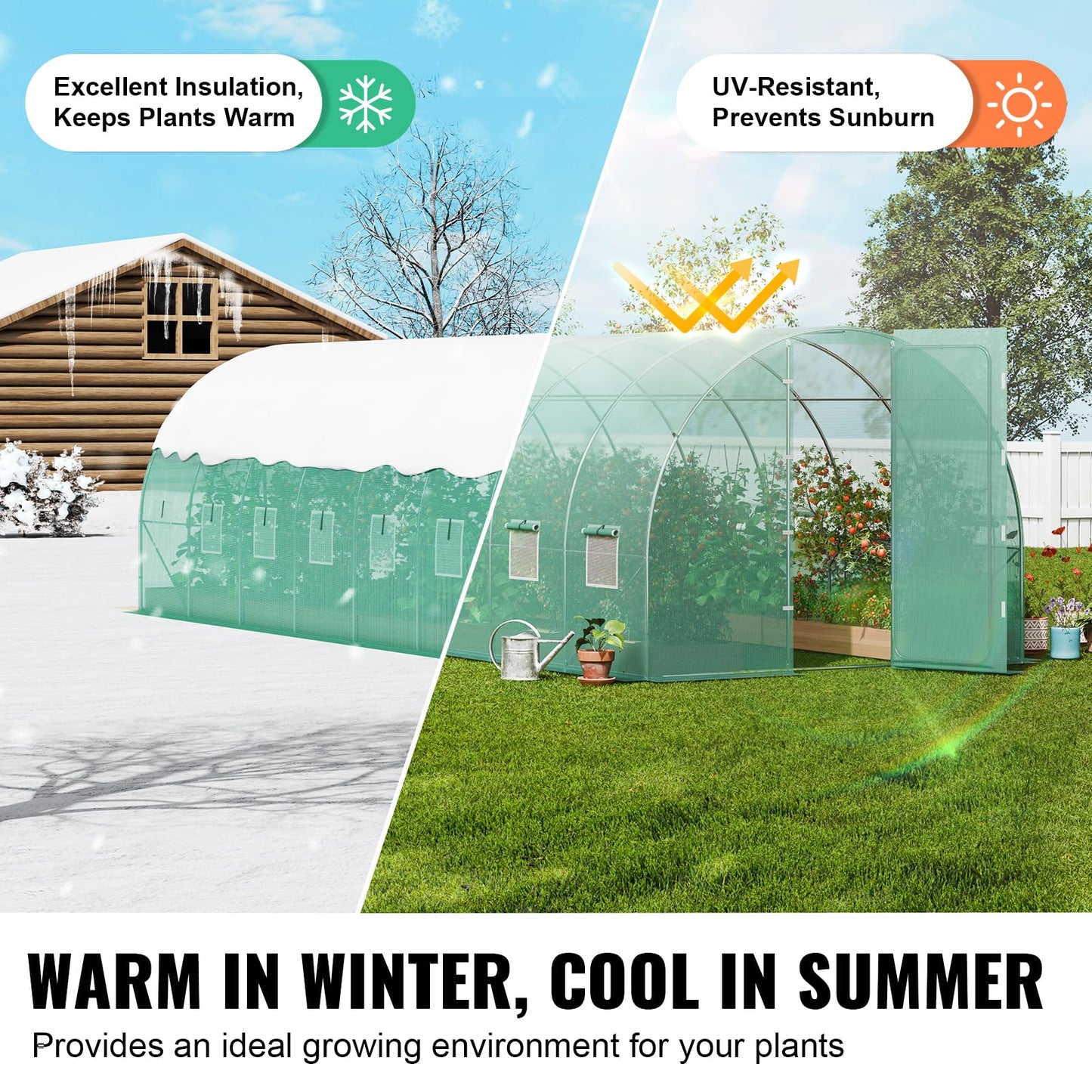 VEVOR Walk-in Tunnel Greenhouse, 9.6x6.4x6.2 ft Hoop House Greenhouse Tunnel, Plant Hot House with Galvanized Steel Frame, White PE Cover, Roll-up Zipper Door and 6 Windows for Outdoor