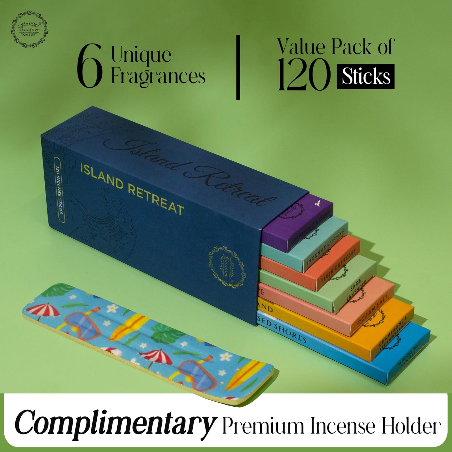 Raajsee Natural Incense Sticks with Insence Holder- Pack of 6 Organic Inscent -120 Insense Sticks, Non Toxic Clean Burning, Boho Gift Set, Sage,Apple Pumpkin,Coconut, Coffee,Rosemary Patchouli