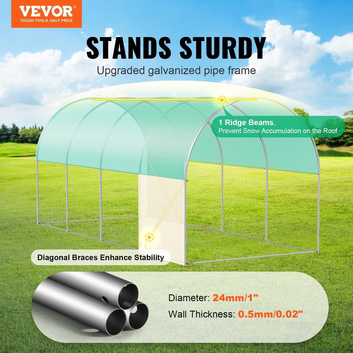 VEVOR Walk-in Tunnel Greenhouse, 9.6x6.4x6.2 ft Hoop House Greenhouse Tunnel, Plant Hot House with Galvanized Steel Frame, White PE Cover, Roll-up Zipper Door and 6 Windows for Outdoor