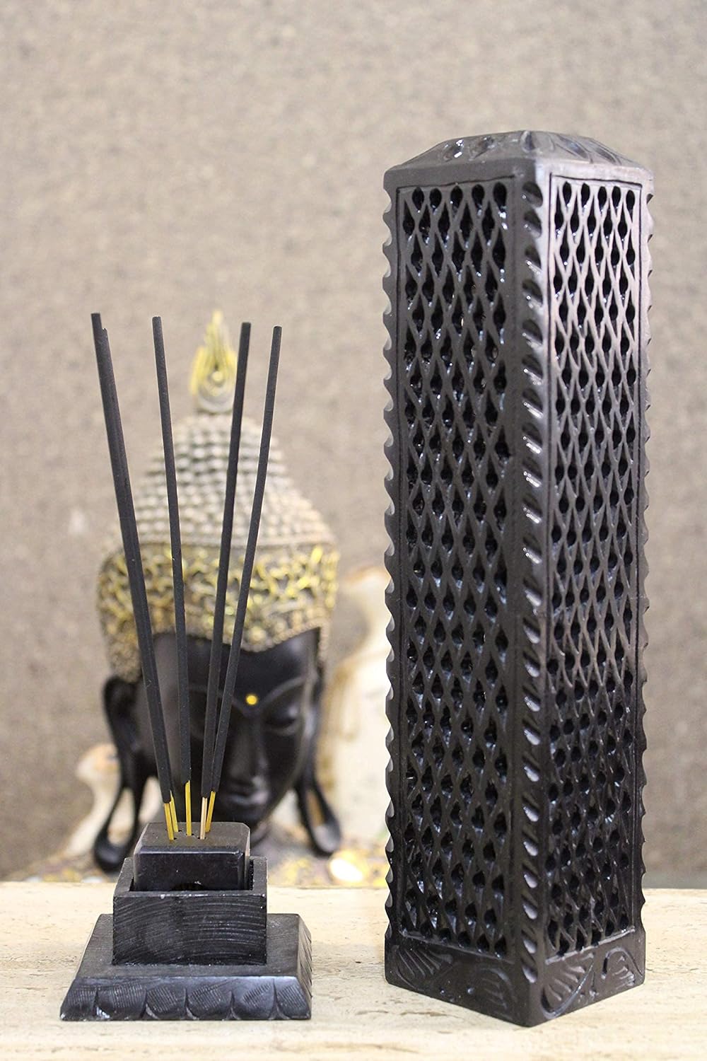 Handmade Black Soapstone Incense Stick Tower Holder | Marble Incense Stick Tower Burner Holder Spa Aromatherapy Home Office Fragrance Accessories Home Office Decor - (11 X 3 Inches)j