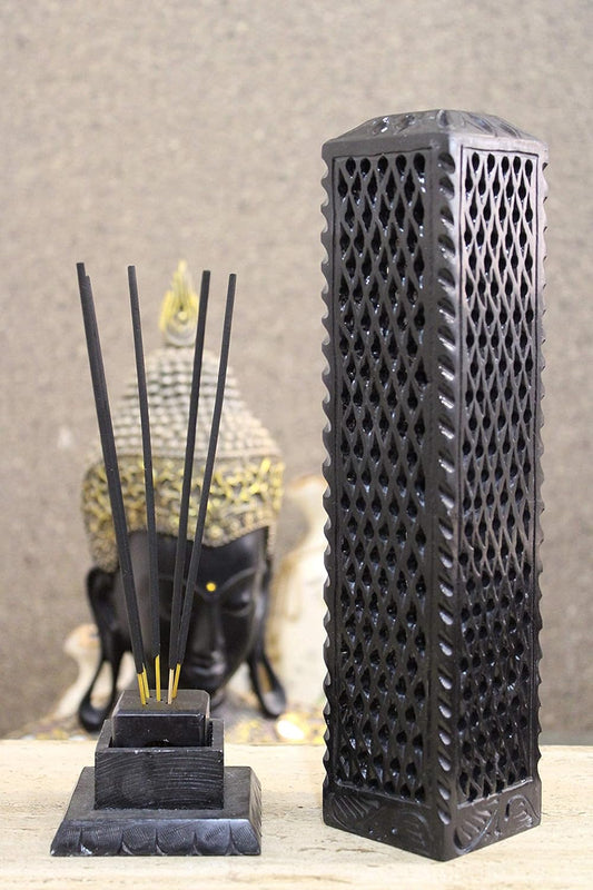 Handmade Black Soapstone Incense Stick Tower Holder | Marble Incense Stick Tower Burner Holder Spa Aromatherapy Home Office Fragrance Accessories Home Office Decor - (11 X 3 Inches)j