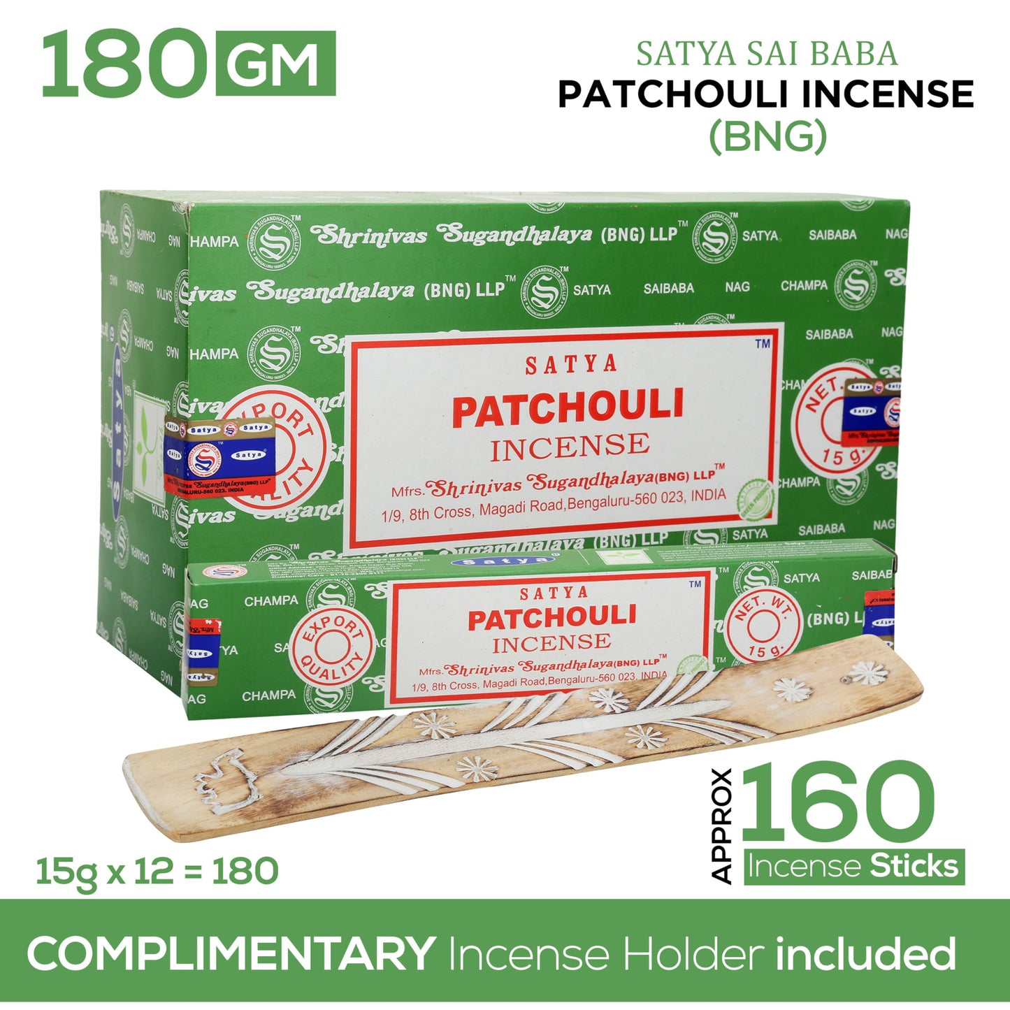 Satya Divine Blessings Incense Sticks, Satya Bng (Bangalore) Insenses 15gmx12 Pack with Raajsee Incense Holder Bundle, Satya Nagchampa Natural Incense