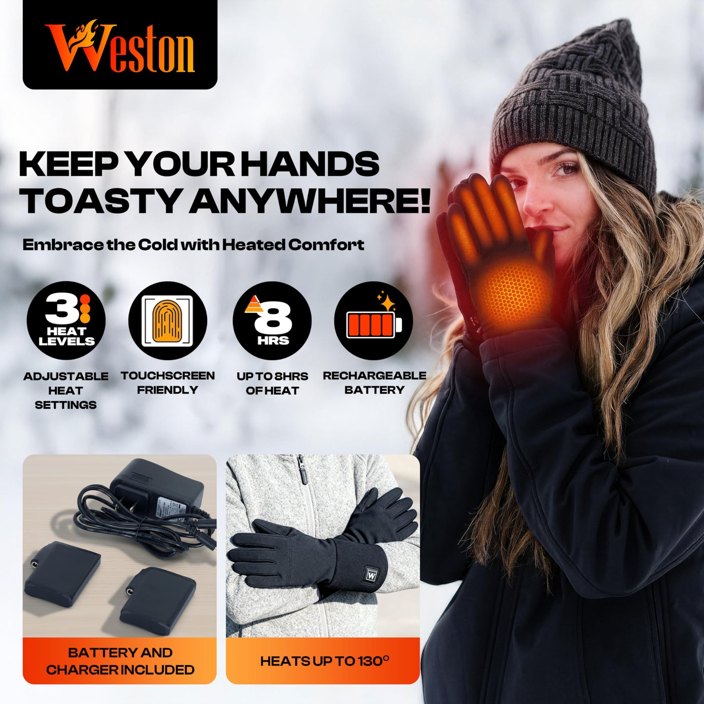 Weston Heated Glove Liners for Men and Women - Rechargeable Thermal Hand Warmers - Heated Gloves with 3 Heat Settings