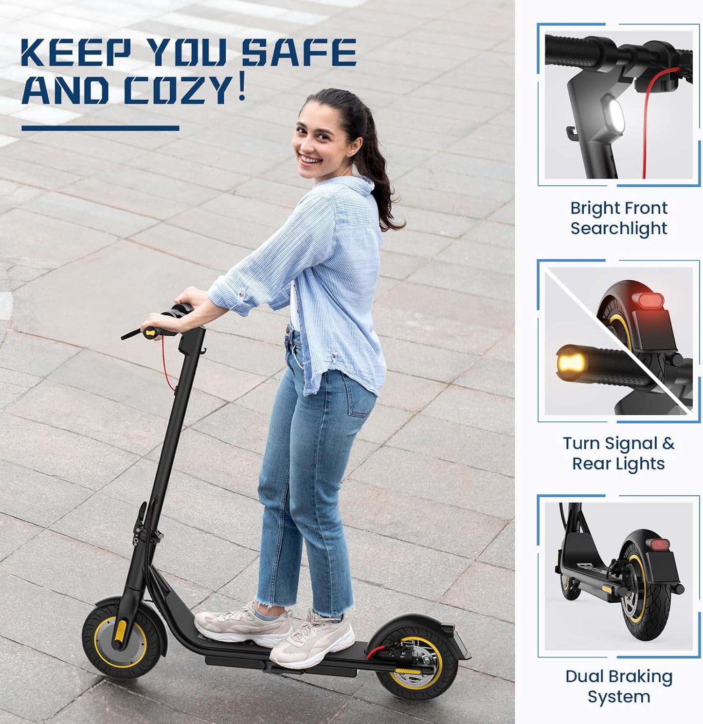 DXH Electric Scooter for Adults, Folding E Scooter with 500W Motor 19 Mph Top Speed, Max 21 Miles Long Range, 10'' Solid Tires Commuting Scooters, Dual Braking System and App Control