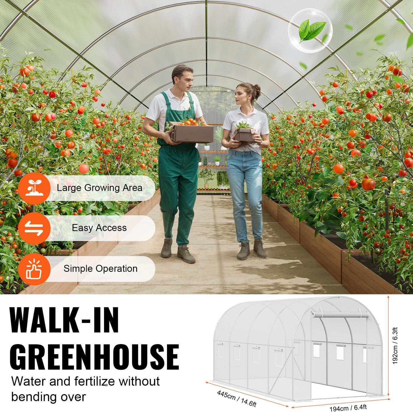 VEVOR Walk-in Tunnel Greenhouse, 9.6x6.4x6.2 ft Hoop House Greenhouse Tunnel, Plant Hot House with Galvanized Steel Frame, White PE Cover, Roll-up Zipper Door and 6 Windows for Outdoor