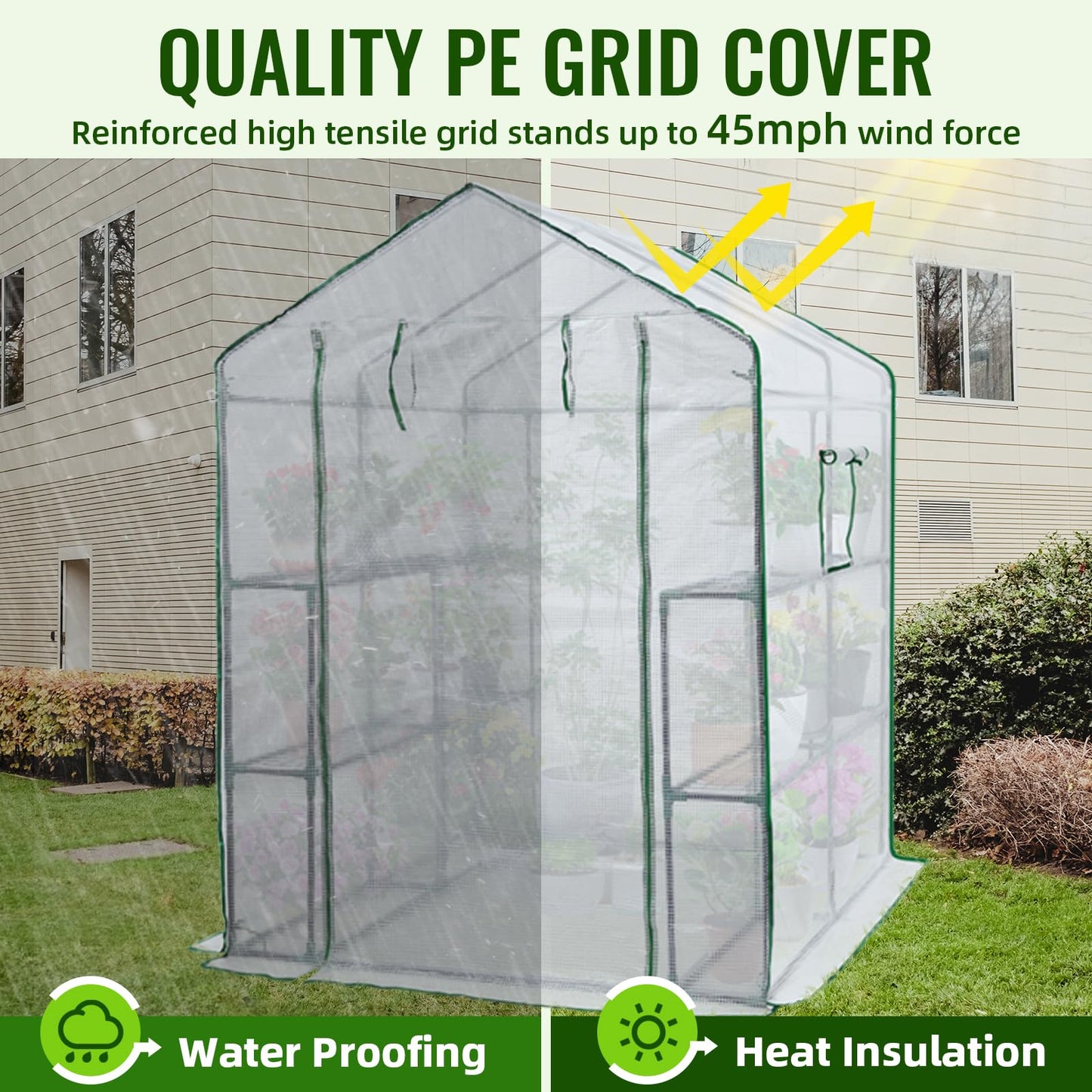 Greengro Greenhouse, 57 x 57 x 76'' Greenhouses for Outdoors, Durable Green House Kit with Window, Thicken PE Cover, 3 Tiers 8 Shelves, Heavy Duty Walk in Green Houses for Indoor Backyard Outside