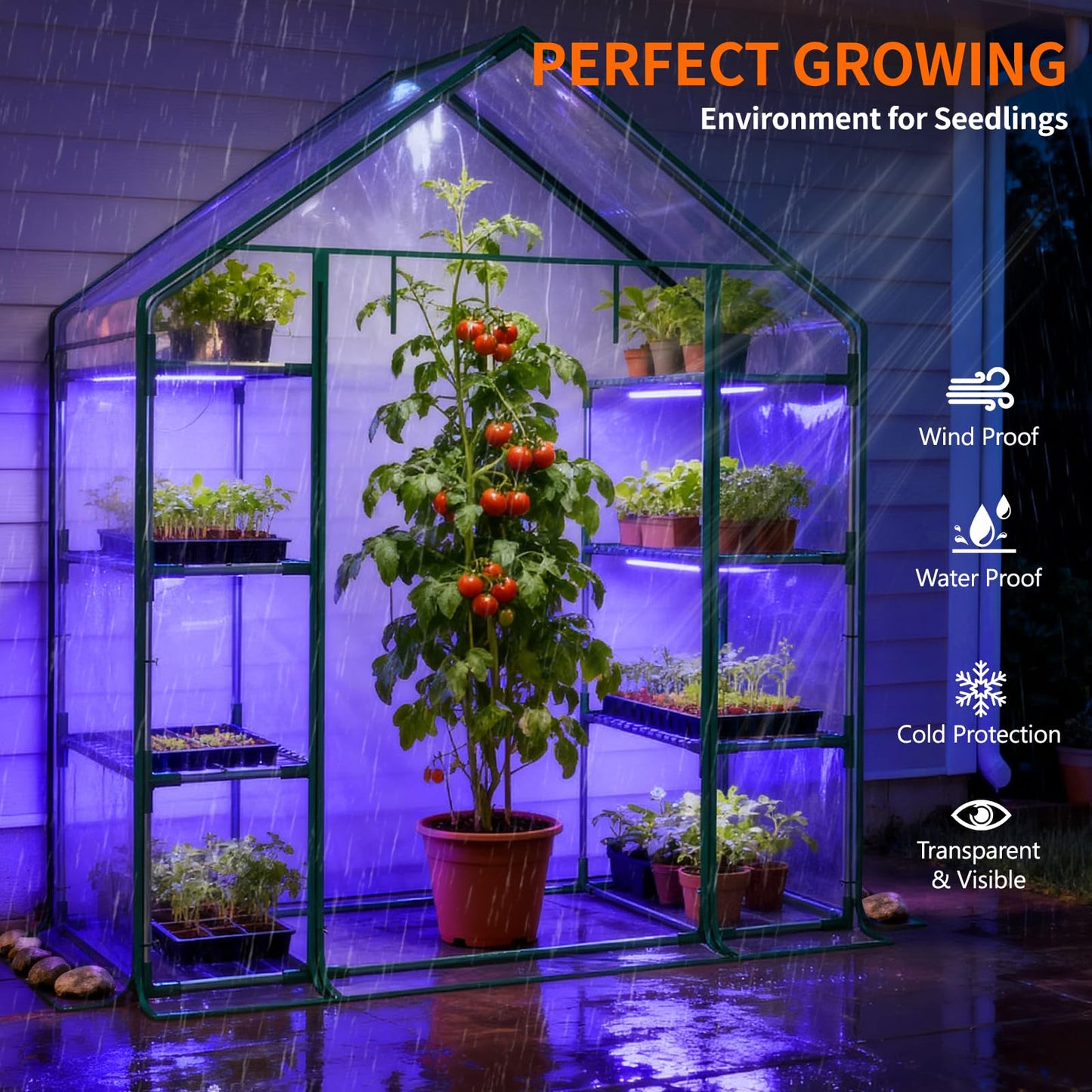 Indoor Greenhouse with Grow Light, 4-Tier Mini Greenhouse 56.3"x28.7"x76.8" Small Greenhouse with Zippered PVC Cover for Seed Starting Trays, Dimmable Plant Light for Indoor Plants with Timer