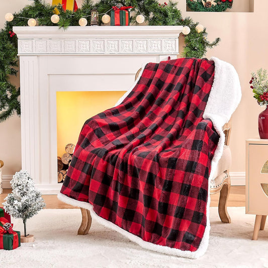 BEDELITE Sherpa Fleece Blanket - Black and Red Buffalo Plaid Christmas Blanket, Super Soft Cozy Warm Thick Winter Throw Blankets for Couch and Bed, 60" x 80"