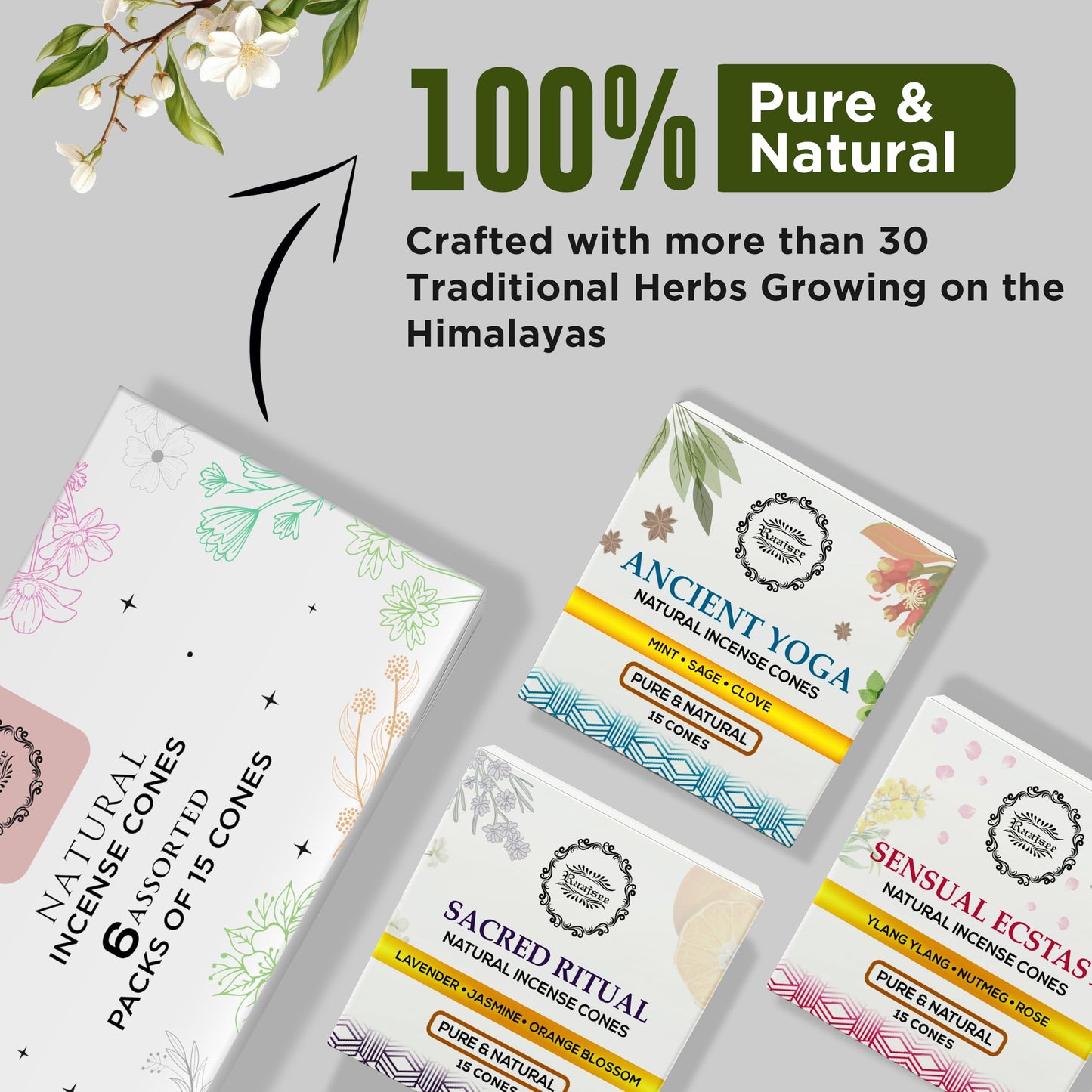 Raajsee Natural Incense Cones,6 Pack Mixed Scents Gift Pack 15 pc Each (90 Total), Insense Cones Variety Pack, 100% Organic Non Toxic Natural - Hand Rolled Free from Chemicals (Pack 1)