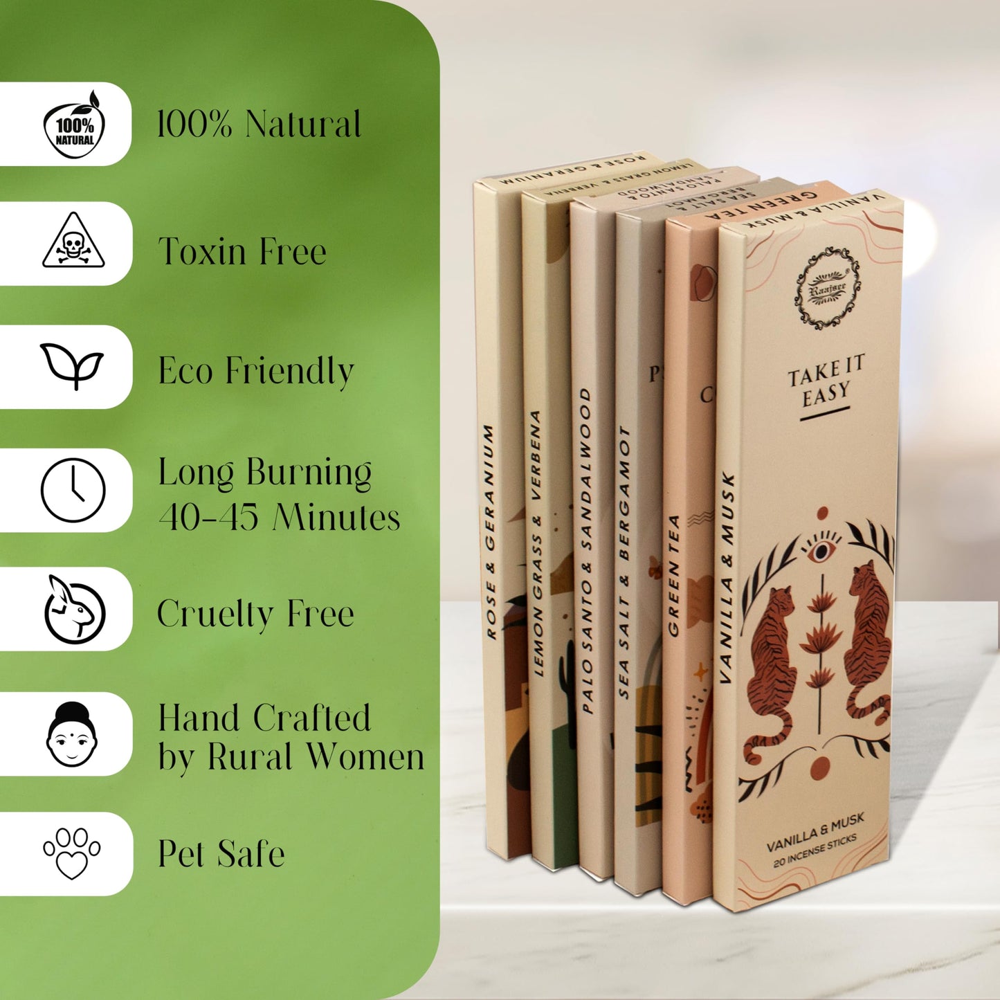 Raajsee Natural Incense Sticks with Insence Holder- Pack of 6 Organic Inscent -120 Insense Sticks, Non Toxic Clean Burning, Boho Gift Set, Sage,Apple Pumpkin,Coconut, Coffee,Rosemary Patchouli