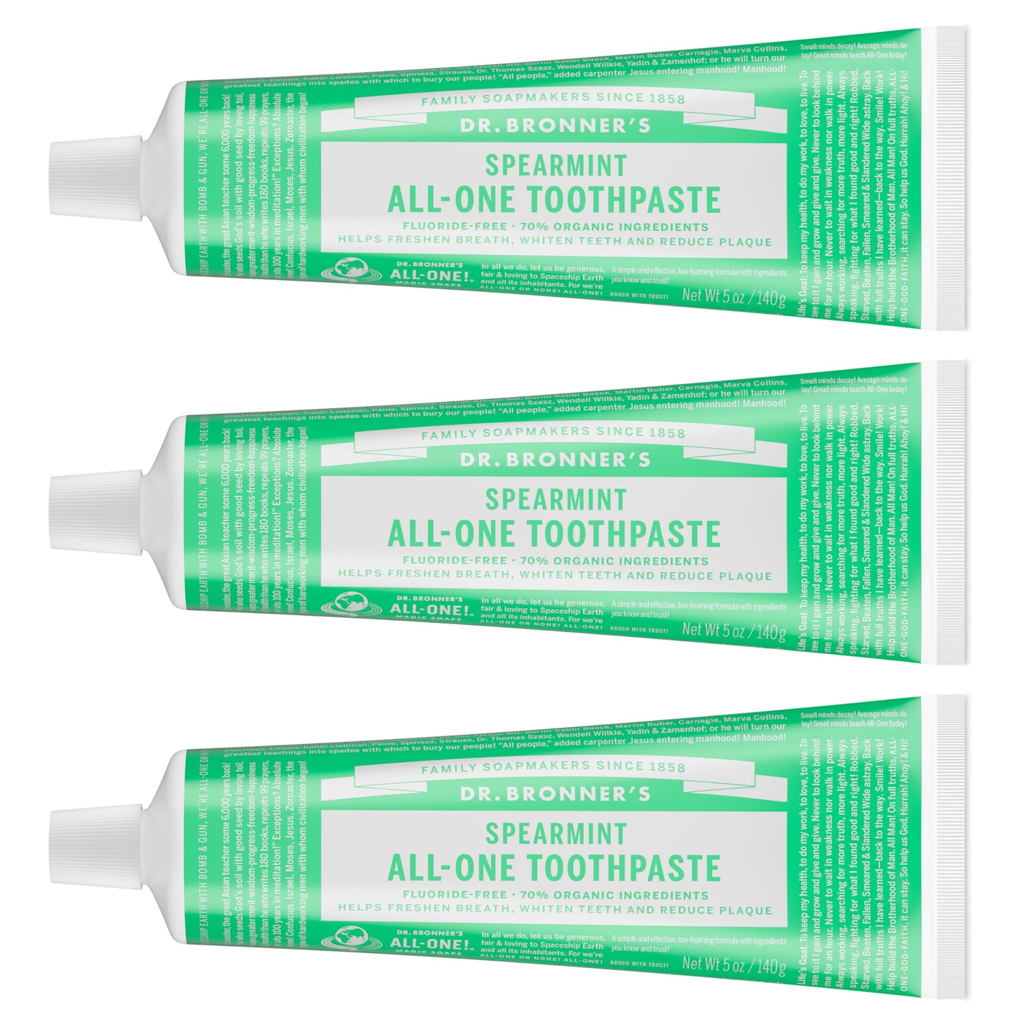 Dr. Bronner’s All-One Toothpaste Pack of 3– Peppermint, 5 oz– Fluoride-Free Toothpaste for Adults, SLS-Free, 70% Organic & Natural Ingredients, Vegan, Helps Freshen Breath & Reduce Plaque