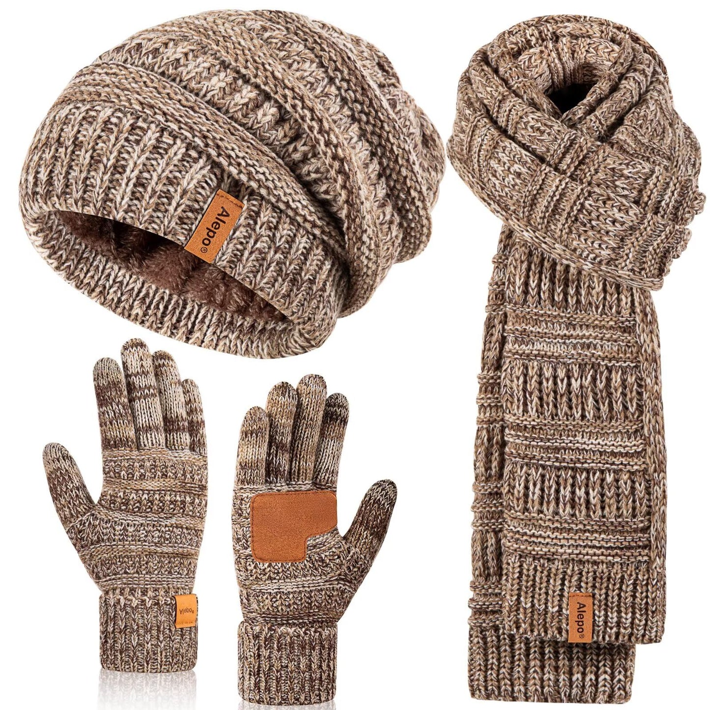 Winter Beanie Hat Scarf Gloves Set for Women, Slouchy Beanie Long Scarf Touchscreen Gloves, Warm 3 in 1 Set