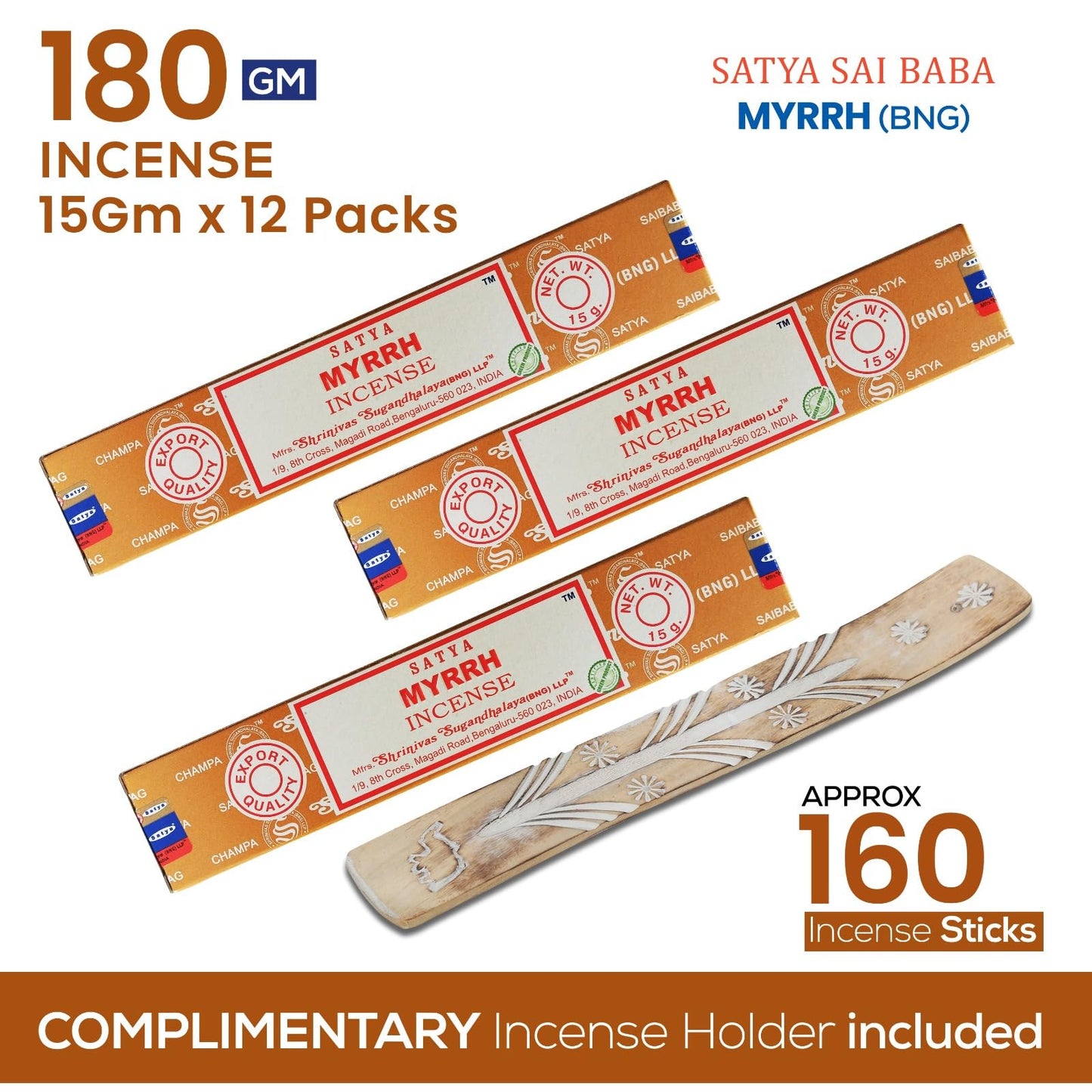 Satya Divine Blessings Incense Sticks, Satya Bng (Bangalore) Insenses 15gmx12 Pack with Raajsee Incense Holder Bundle, Satya Nagchampa Natural Incense