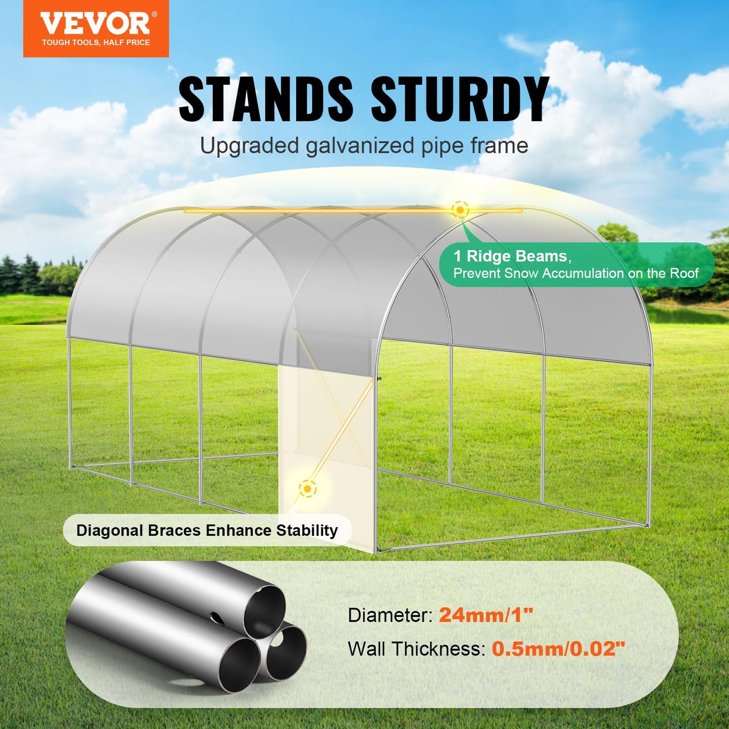 VEVOR Walk-in Tunnel Greenhouse, 9.6x6.4x6.2 ft Hoop House Greenhouse Tunnel, Plant Hot House with Galvanized Steel Frame, White PE Cover, Roll-up Zipper Door and 6 Windows for Outdoor