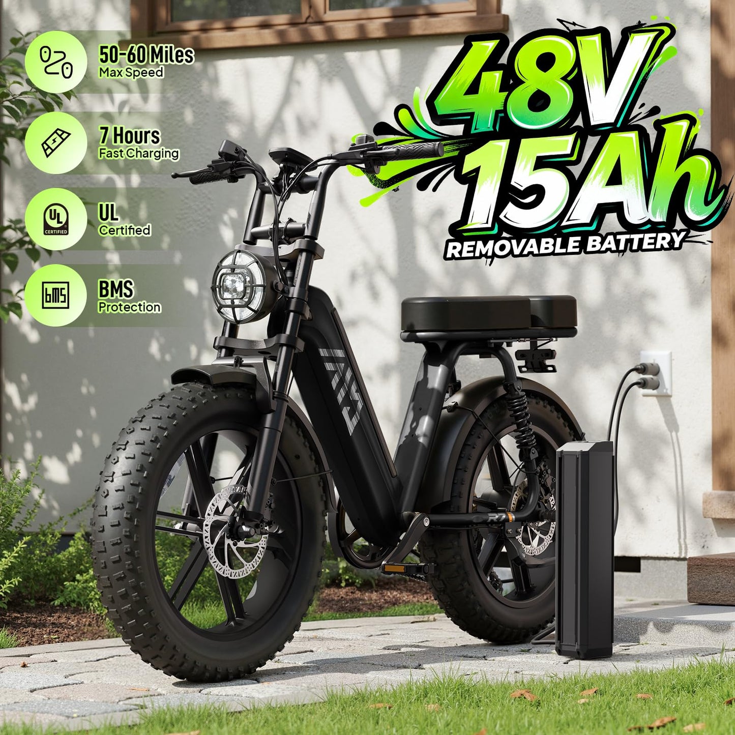 TST Electric Bike for Adults, 1500W Peak Motor Ebike with 48V 15Ah Built-in Battery, 60 Miles Range 28 MPH Electric Bike, 20" Fat Tire E Bike with Rear Seat, Footrest