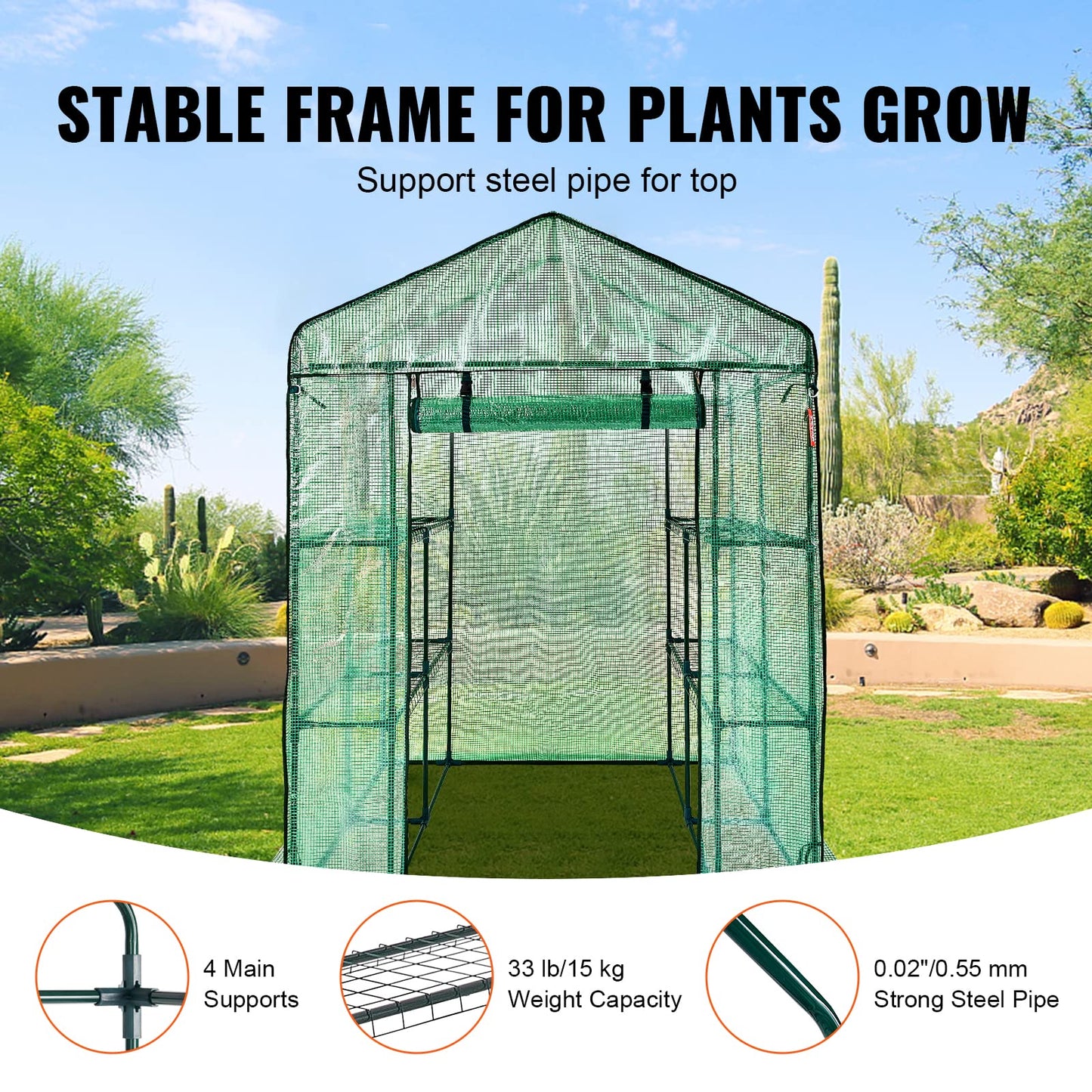 VEVOR Walk-in Tunnel Greenhouse, 9.6x6.4x6.2 ft Hoop House Greenhouse Tunnel, Plant Hot House with Galvanized Steel Frame, White PE Cover, Roll-up Zipper Door and 6 Windows for Outdoor