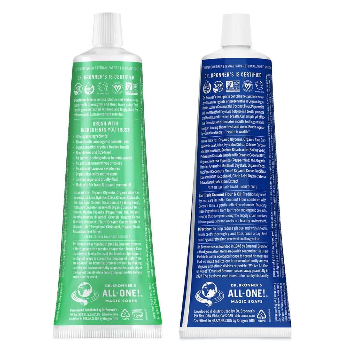 Dr. Bronner’s All-One Toothpaste Pack of 3– Peppermint, 5 oz– Fluoride-Free Toothpaste for Adults, SLS-Free, 70% Organic & Natural Ingredients, Vegan, Helps Freshen Breath & Reduce Plaque