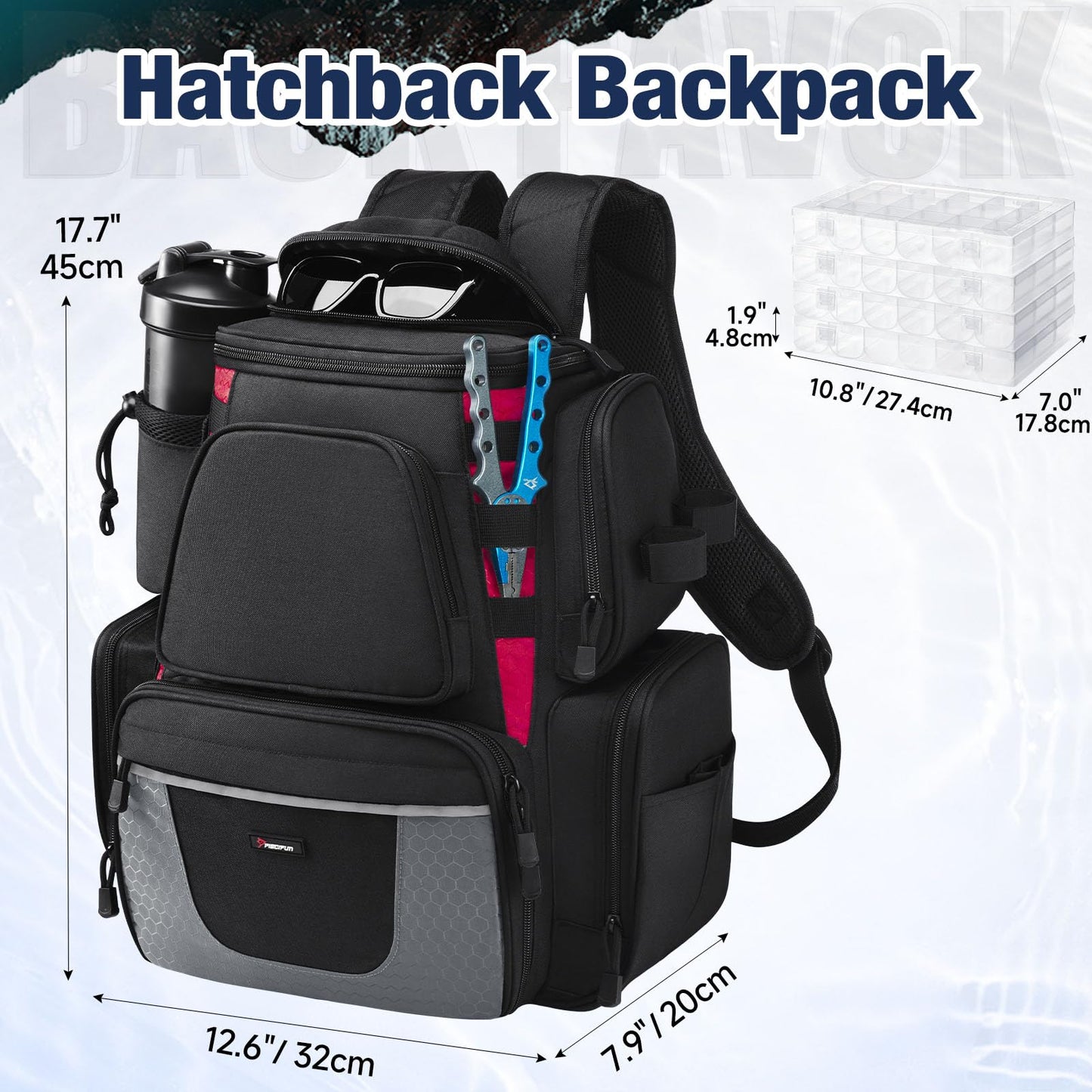 Piscifun Fishing Backpack with 2 Rod Holders & 4 Tackle Boxes, Large Tackle Storage Bag With Rain Cover for Fishing Gear