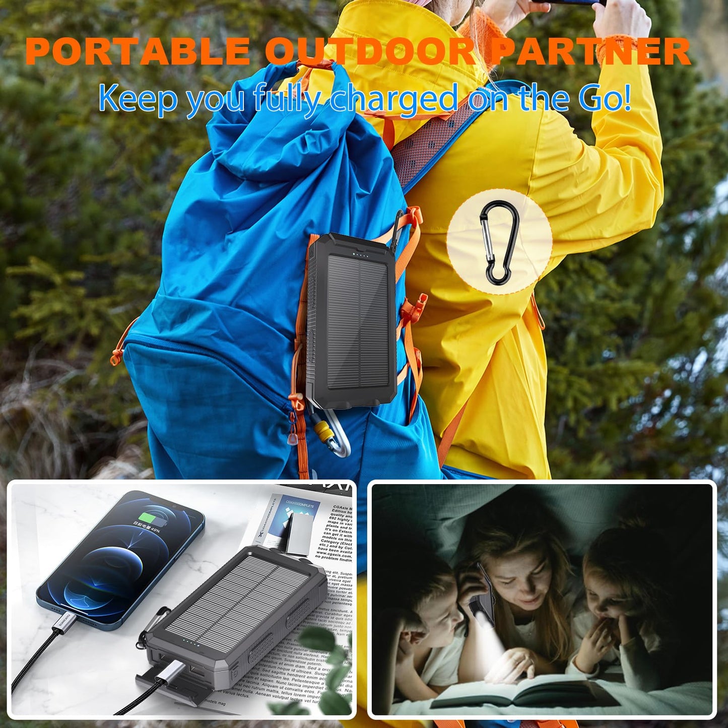 Power Bank Solar Charger 20,000mAh, Portable Phone Charger, 4 Cables Outdoor Waterproof External Backup Power Charger with USB-C for Cell Phones, Solar Battery Pack with Dual Flashlight for Camping