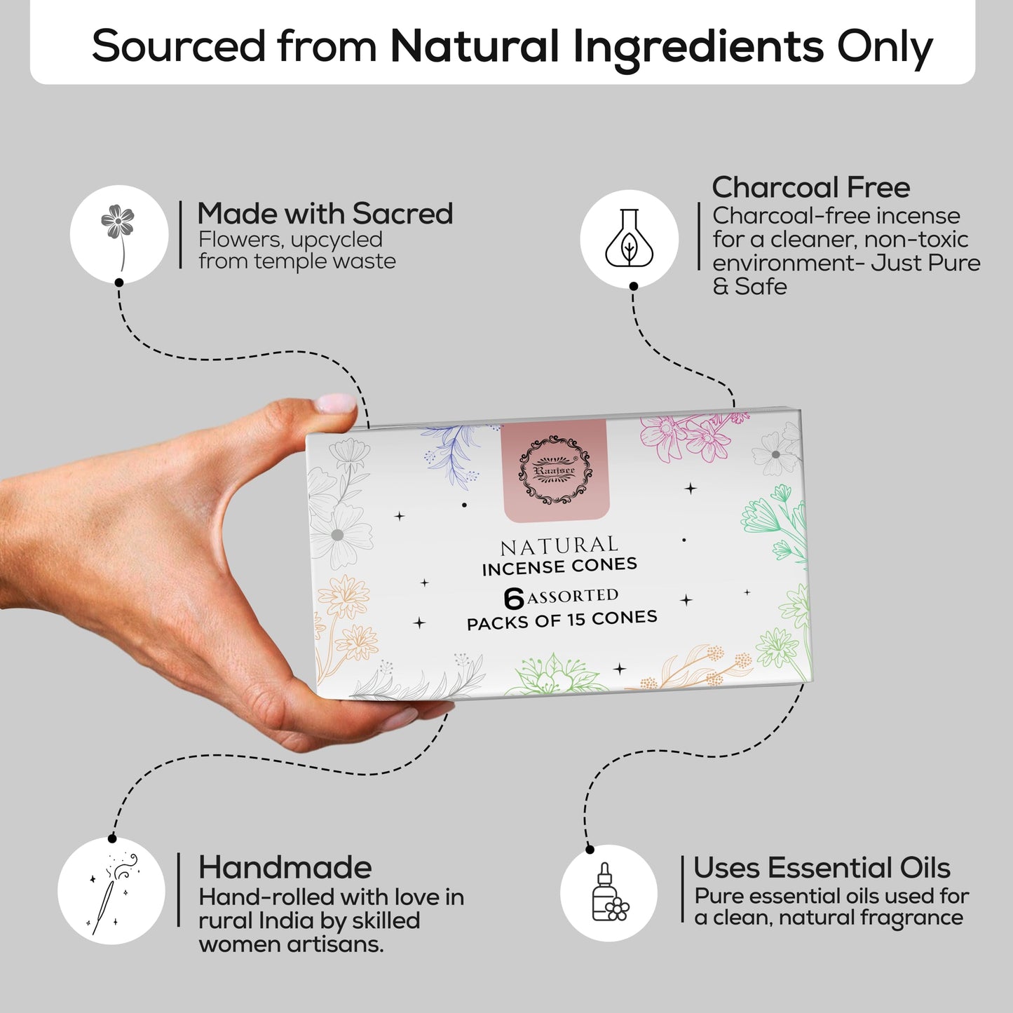 Raajsee Natural Incense Cones,6 Pack Mixed Scents Gift Pack 15 pc Each (90 Total), Insense Cones Variety Pack, 100% Organic Non Toxic Natural - Hand Rolled Free from Chemicals (Pack 1)