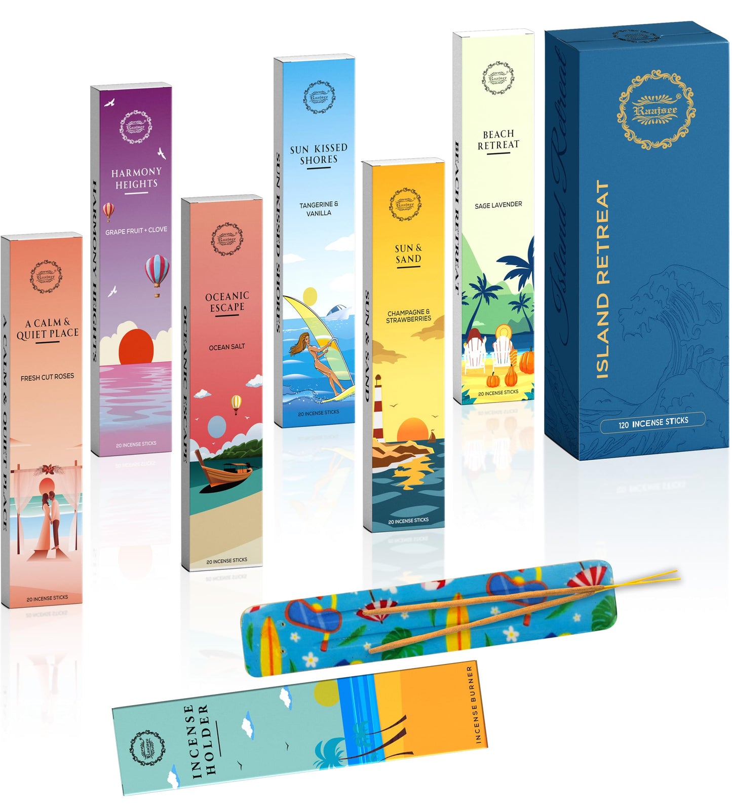 Raajsee Natural Incense Sticks with Insence Holder- Pack of 6 Organic Inscent -120 Insense Sticks, Non Toxic Clean Burning, Boho Gift Set, Sage,Apple Pumpkin,Coconut, Coffee,Rosemary Patchouli