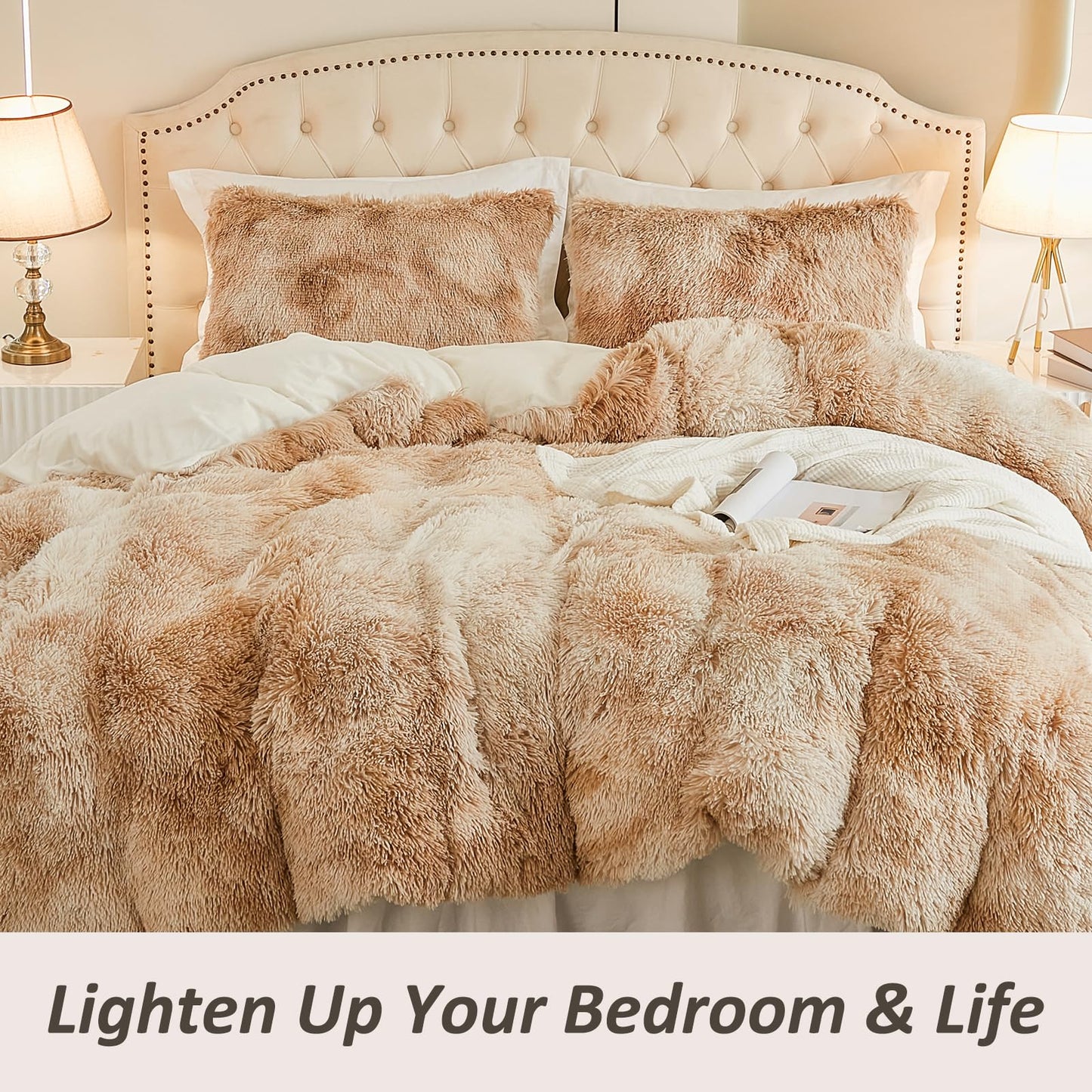 EMME Luxury Khaki Fuzzy Duvet Cover Set Twin Size Fluffy Comforter Cover Set 2 Pieces Shaggy and Plush Soft Bedding Duvet Covers (Tie Dye Khaki, Twin)