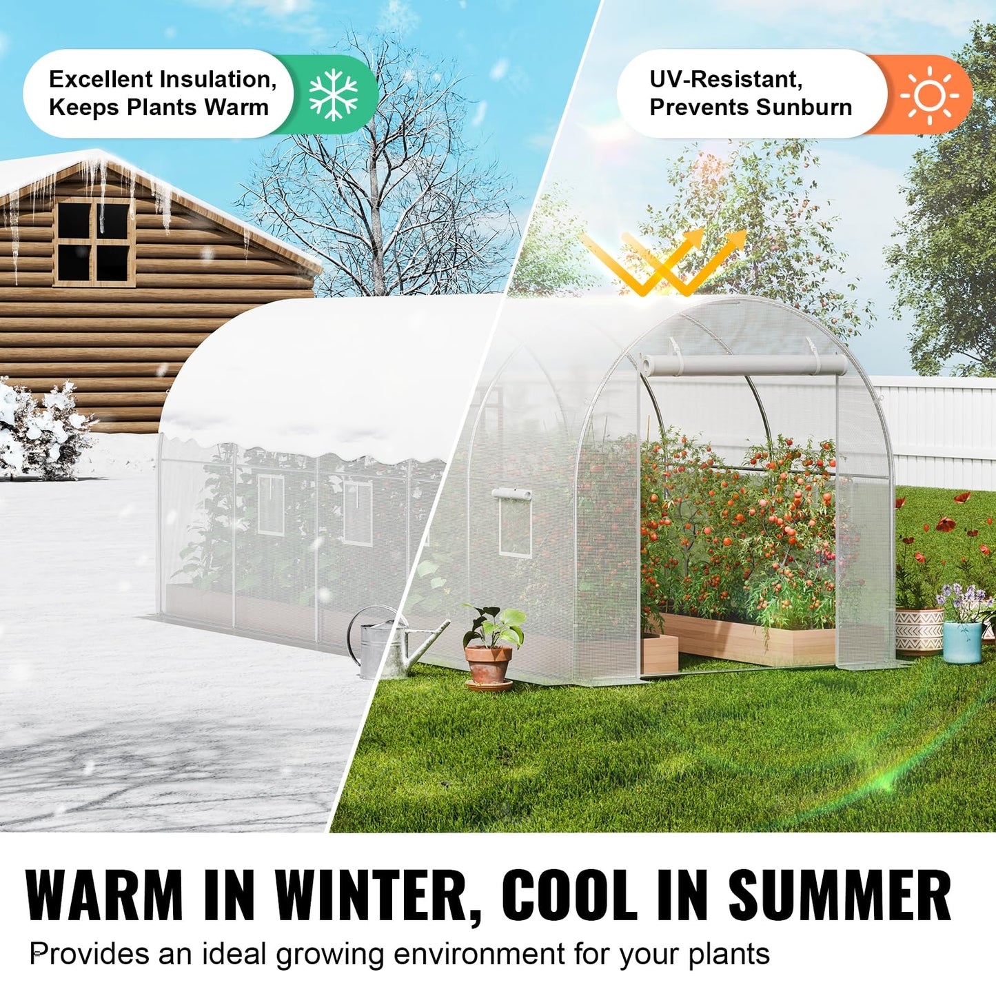 VEVOR Walk-in Tunnel Greenhouse, 9.6x6.4x6.2 ft Hoop House Greenhouse Tunnel, Plant Hot House with Galvanized Steel Frame, White PE Cover, Roll-up Zipper Door and 6 Windows for Outdoor