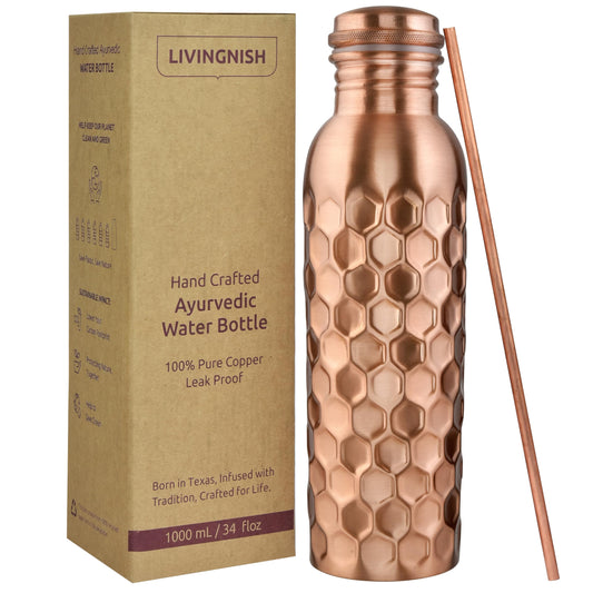 100% Pure Copper Water Bottle for Drinking – Extra Large 34 Oz Wide Mouth, Hammered Ayurvedic Copper Water Bottle with Straw – Handcrafted Leak-Proof Vessel, Reusable & BPA-Free