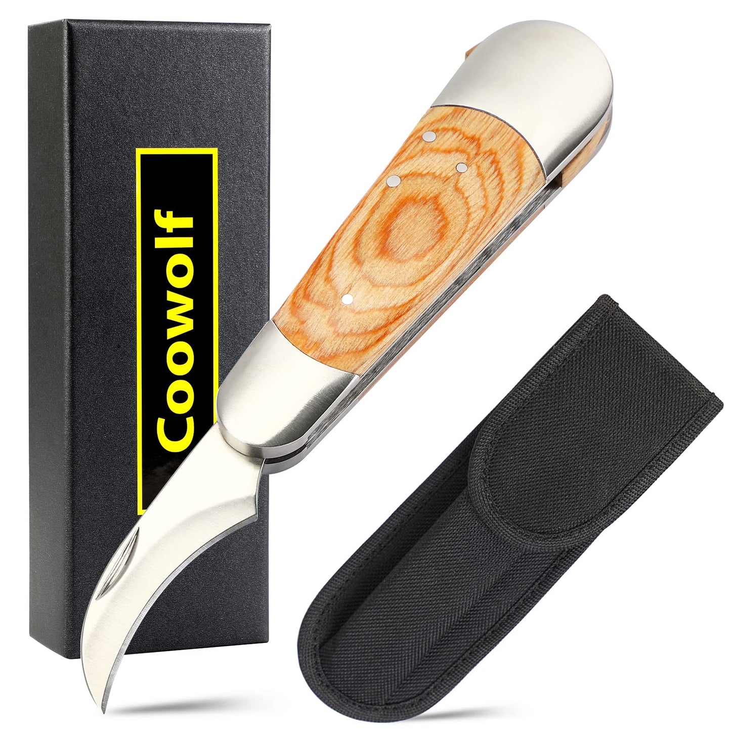 Mushroom Knife with Brush and Sheath, Curved Stainless Steel Blade, Hardwood Handle, 7.1 Inch Folding Design, for Morels, Porcini, Chanterelles, Foraging Mushroom Gifts