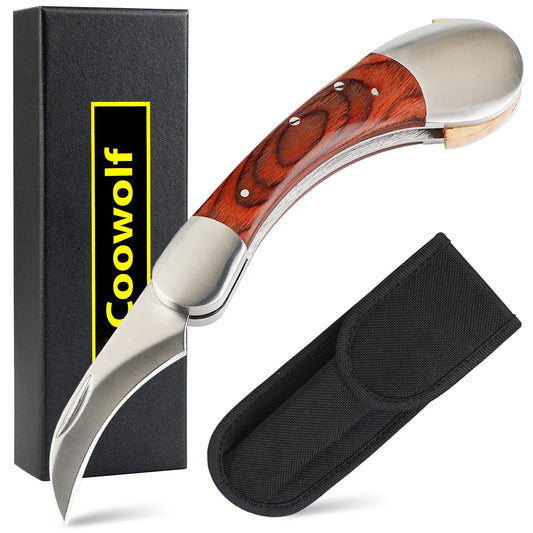 Mushroom Knife with Brush and Sheath, Curved Stainless Steel Blade, Hardwood Handle, 7.1 Inch Folding Design, for Morels, Porcini, Chanterelles, Foraging Mushroom Gifts