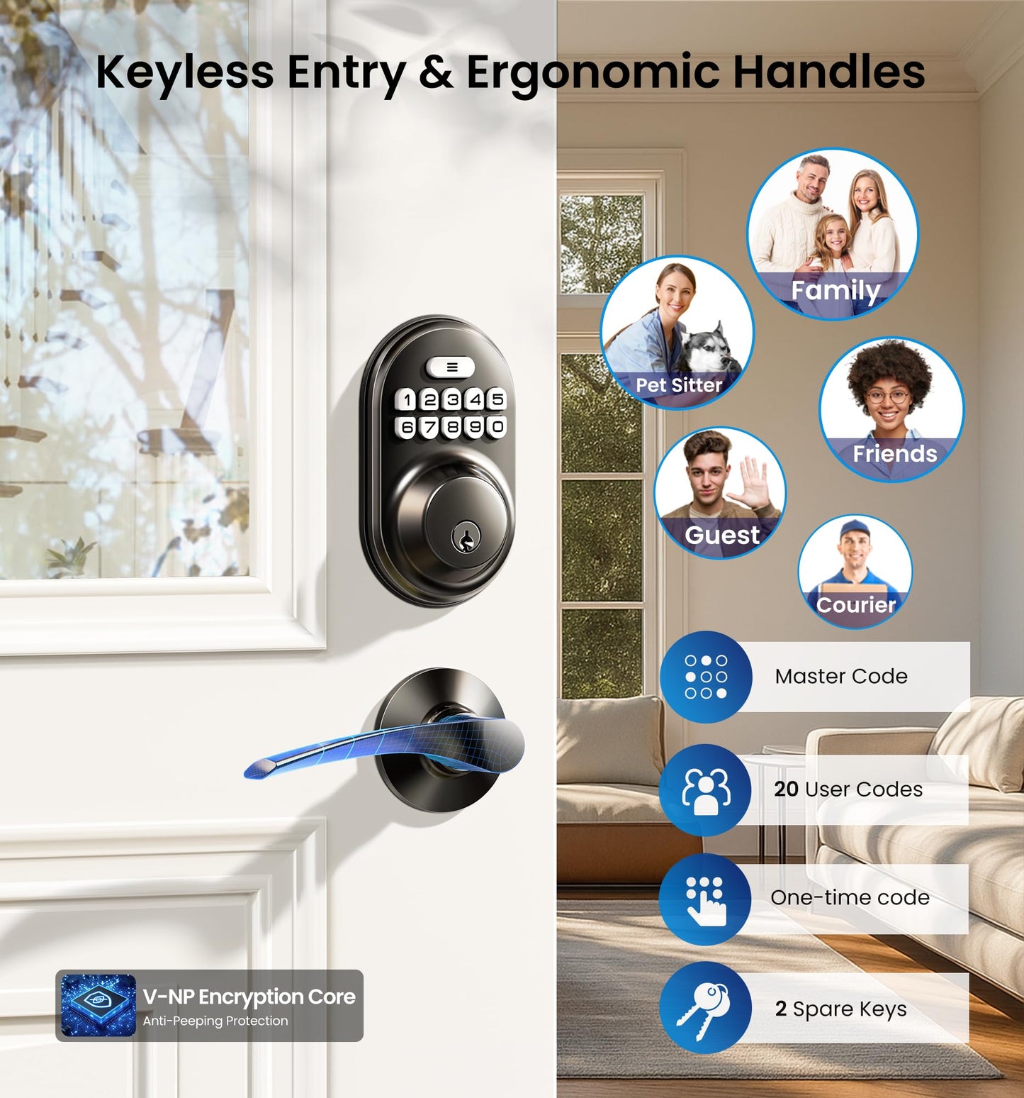 Veise Keyless Entry Door Lock with 2 Lever Handles - Electronic Keypad Deadbolt, Auto Lock, Back Lit & Easy Installation Design, Front Door Handle Sets, Matte Black