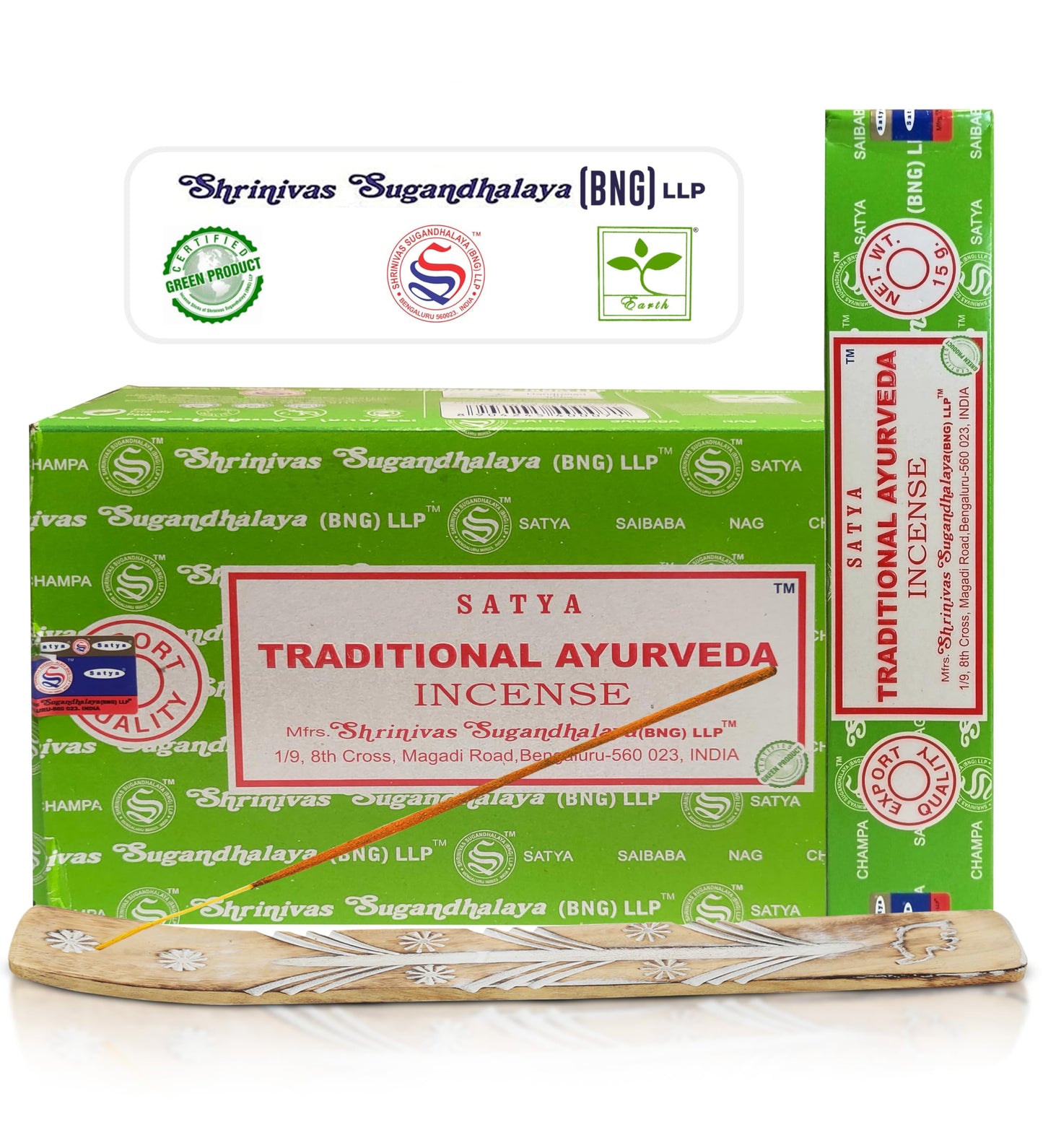 Satya Divine Blessings Incense Sticks, Satya Bng (Bangalore) Insenses 15gmx12 Pack with Raajsee Incense Holder Bundle, Satya Nagchampa Natural Incense