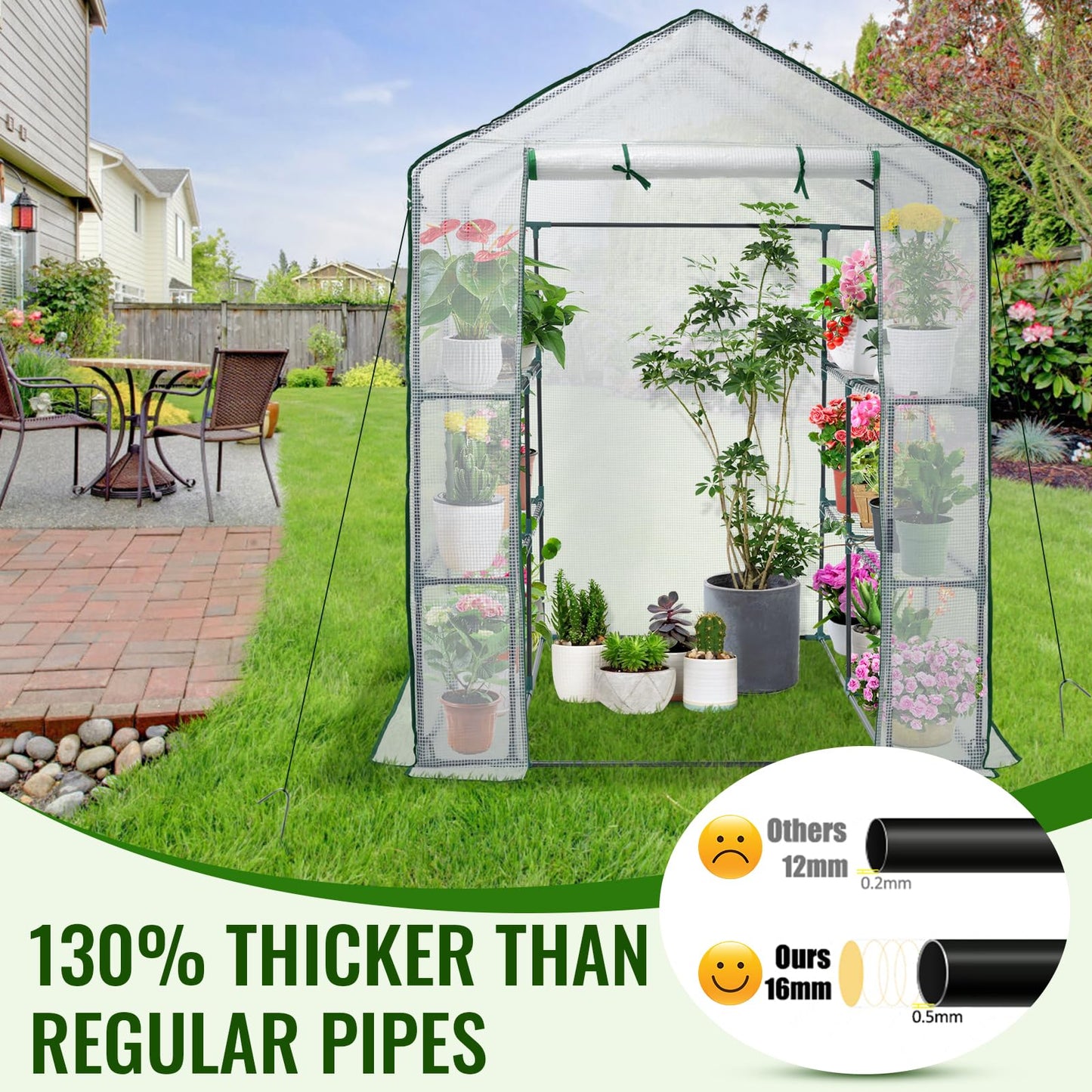 Greengro Greenhouse, 57 x 57 x 76'' Greenhouses for Outdoors, Durable Green House Kit with Window, Thicken PE Cover, 3 Tiers 8 Shelves, Heavy Duty Walk in Green Houses for Indoor Backyard Outside