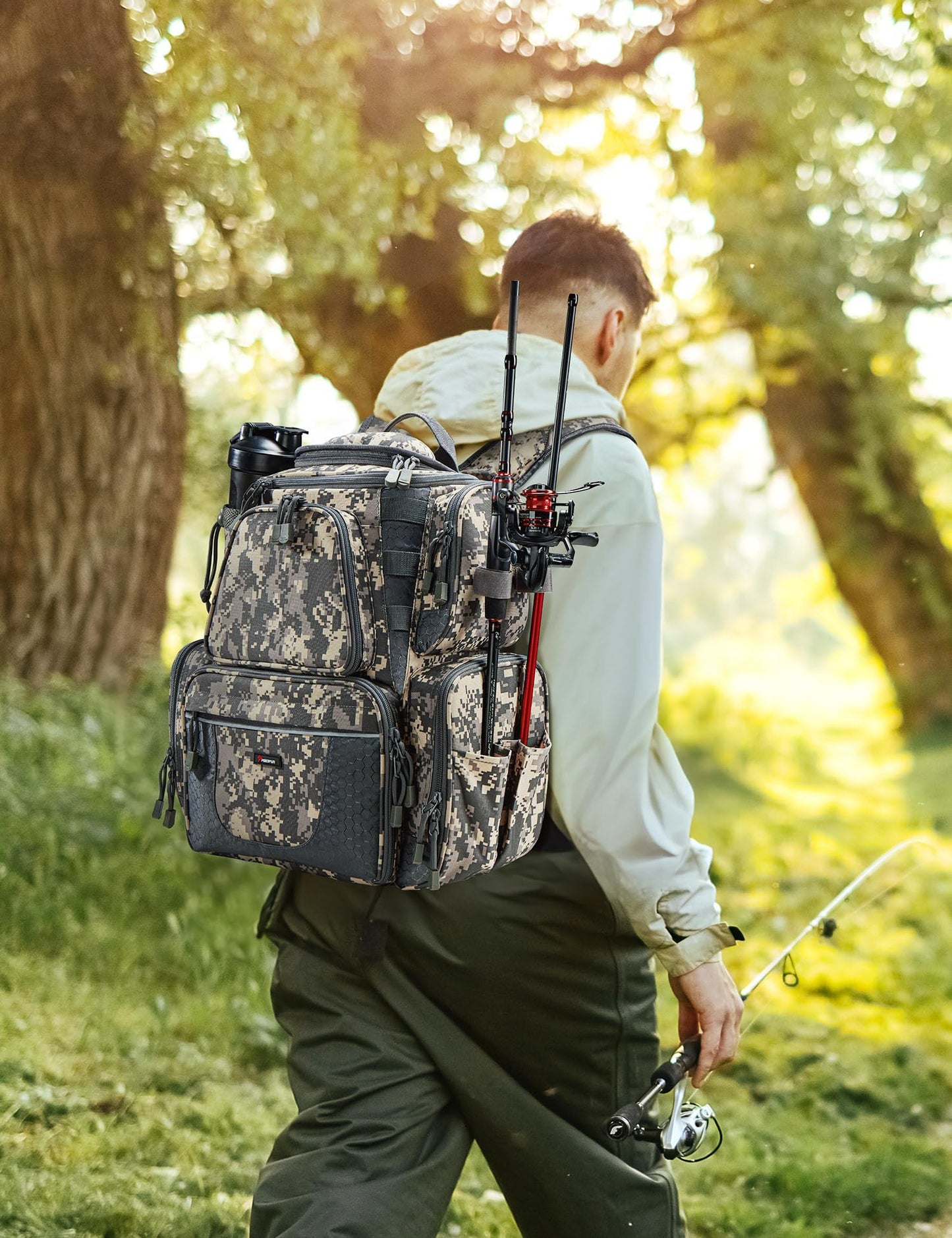 Piscifun Fishing Backpack with 2 Rod Holders & 4 Tackle Boxes, Large Tackle Storage Bag With Rain Cover for Fishing Gear