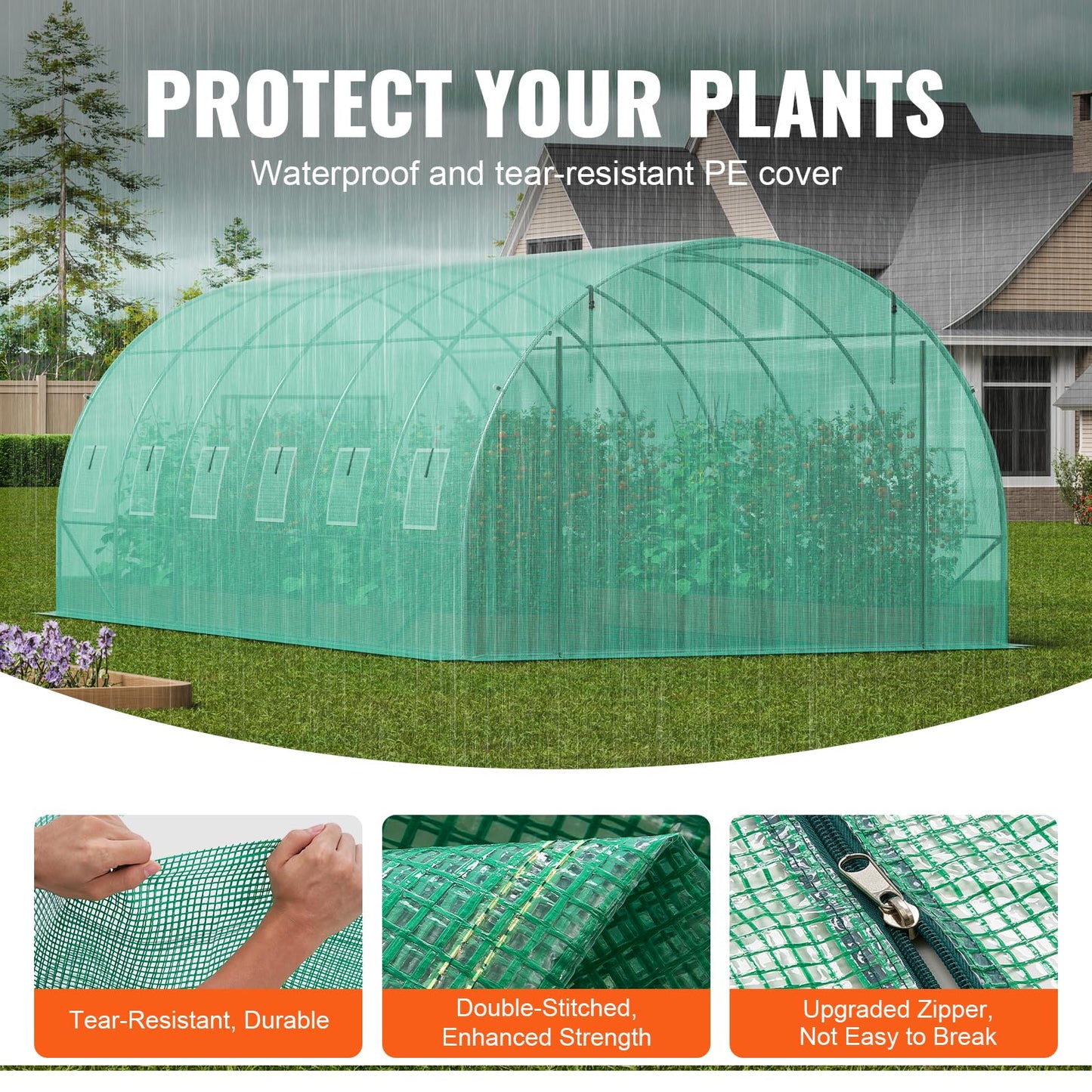 VEVOR Walk-in Tunnel Greenhouse, 9.6x6.4x6.2 ft Hoop House Greenhouse Tunnel, Plant Hot House with Galvanized Steel Frame, White PE Cover, Roll-up Zipper Door and 6 Windows for Outdoor
