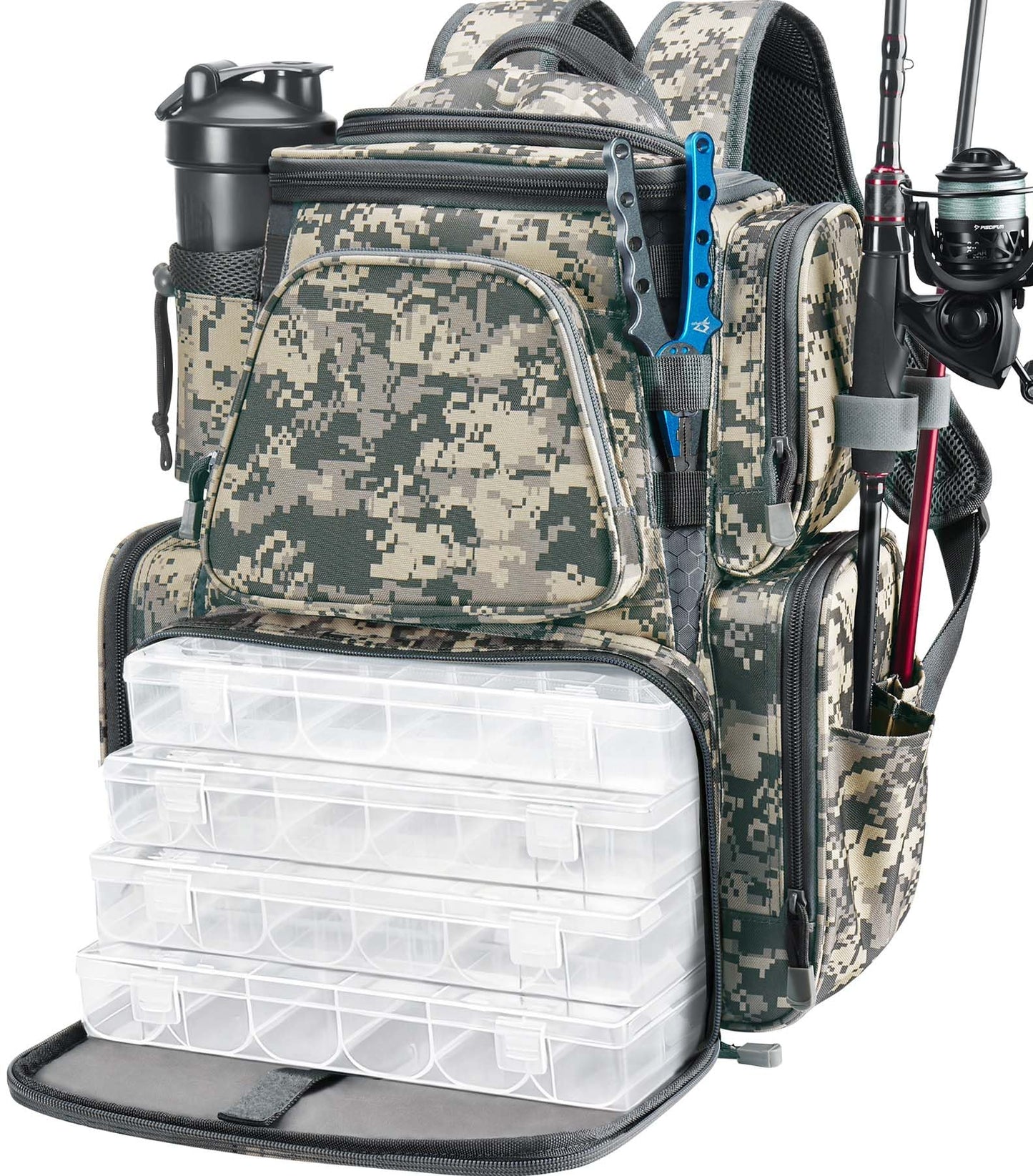 Piscifun Fishing Backpack with 2 Rod Holders & 4 Tackle Boxes, Large Tackle Storage Bag With Rain Cover for Fishing Gear