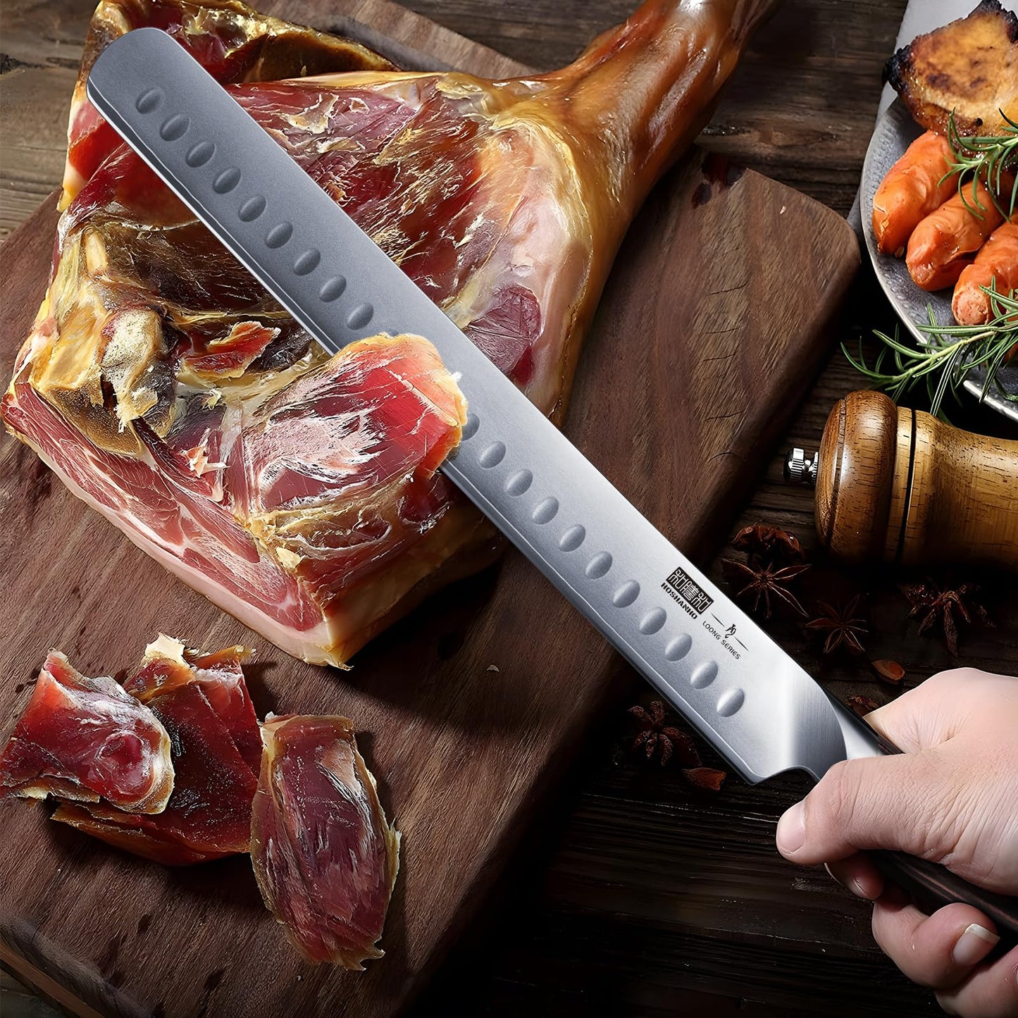 HOSHANHO Carving Slicing Knife, 12 Inch Japanese High Carbon Steel Brisket Knife with Ergonomic Pakkawood Handle, Razor Sharp Curved Butcher Breaking Knives for Meat Cutting