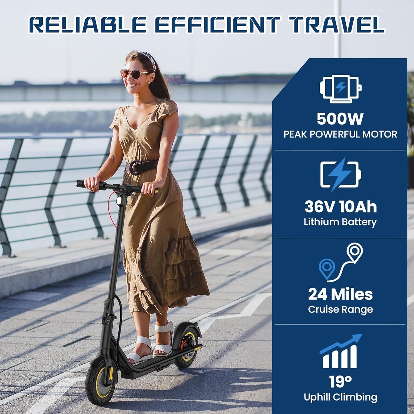DXH Electric Scooter for Adults, Folding E Scooter with 500W Motor 19 Mph Top Speed, Max 21 Miles Long Range, 10'' Solid Tires Commuting Scooters, Dual Braking System and App Control